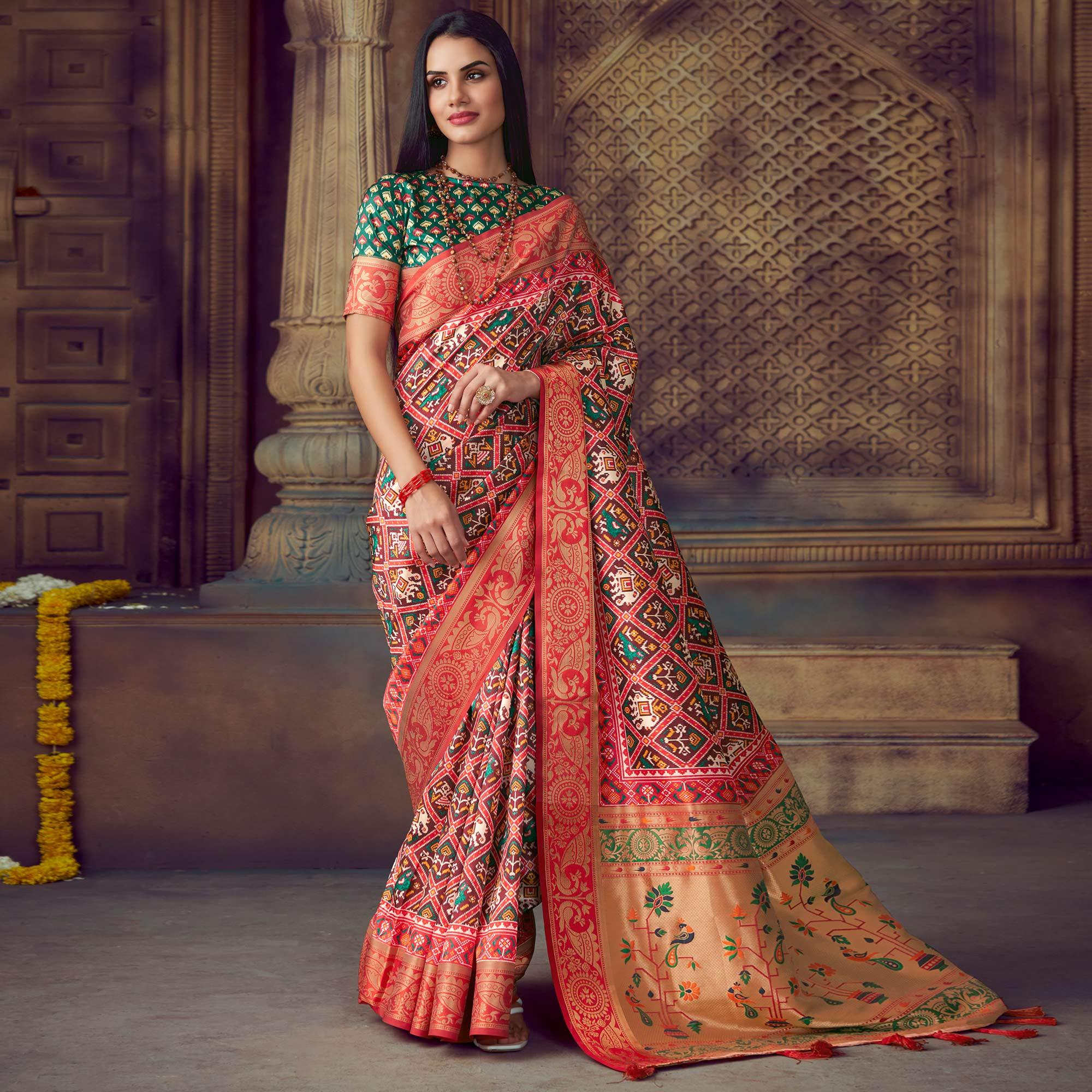 Brown Digital Printed Art Silk Saree With Tassels - Peachmode