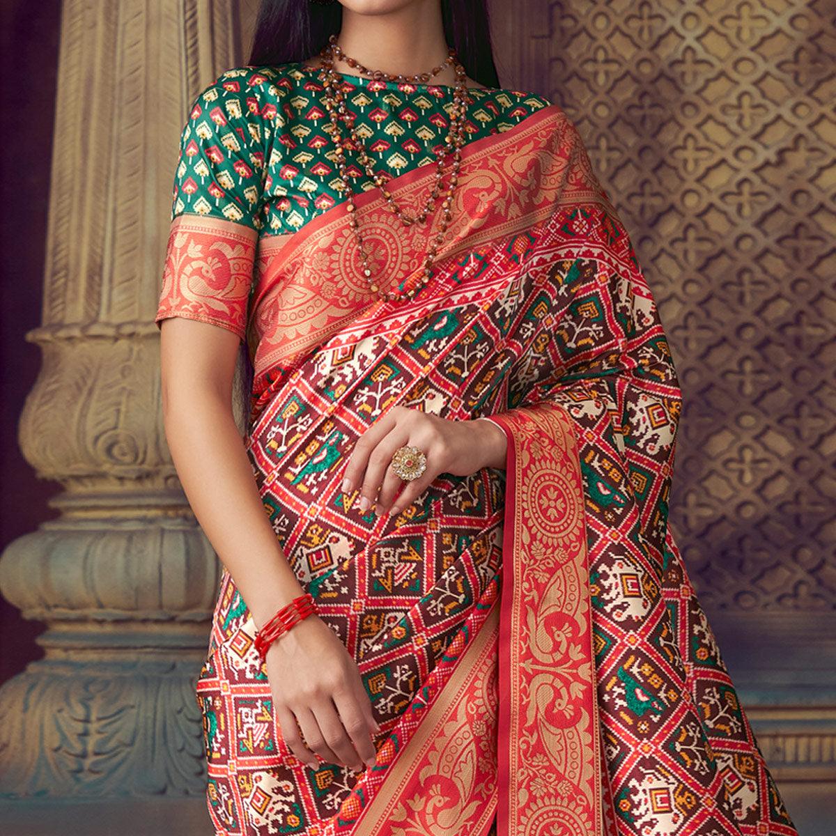 Brown Digital Printed Art Silk Saree With Tassels - Peachmode