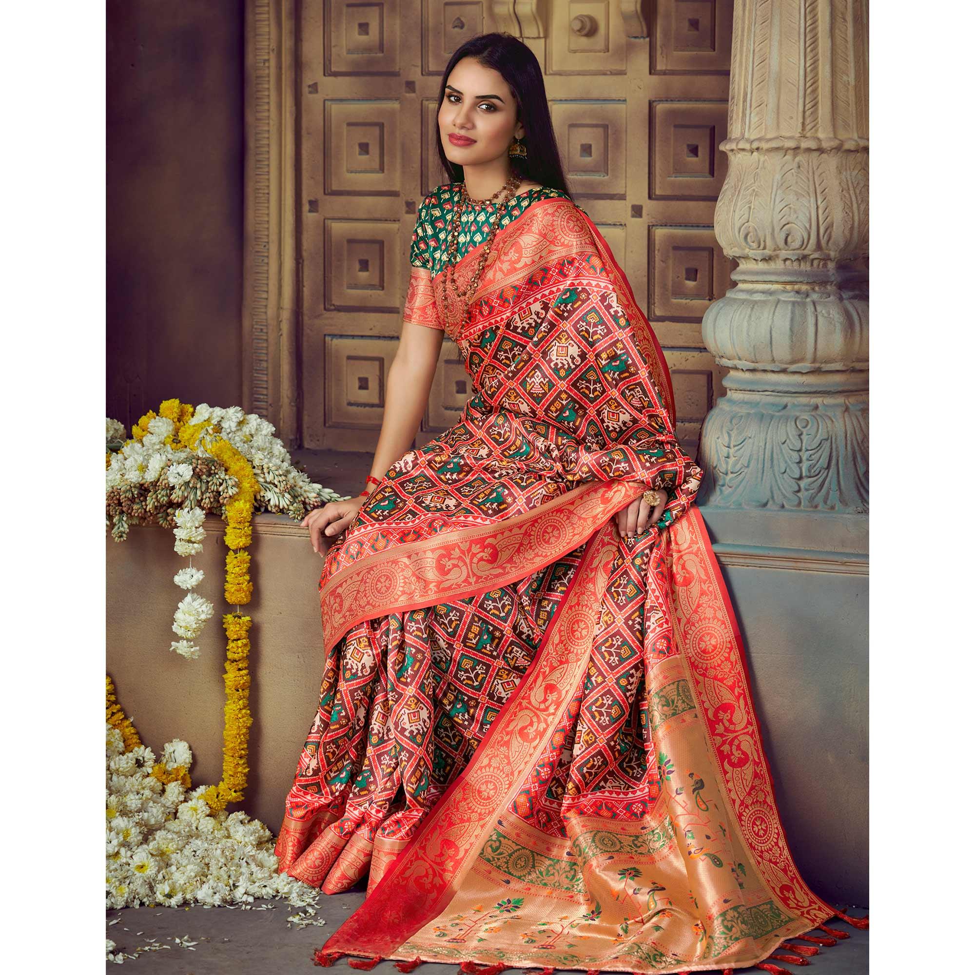 Brown Digital Printed Art Silk Saree With Tassels - Peachmode