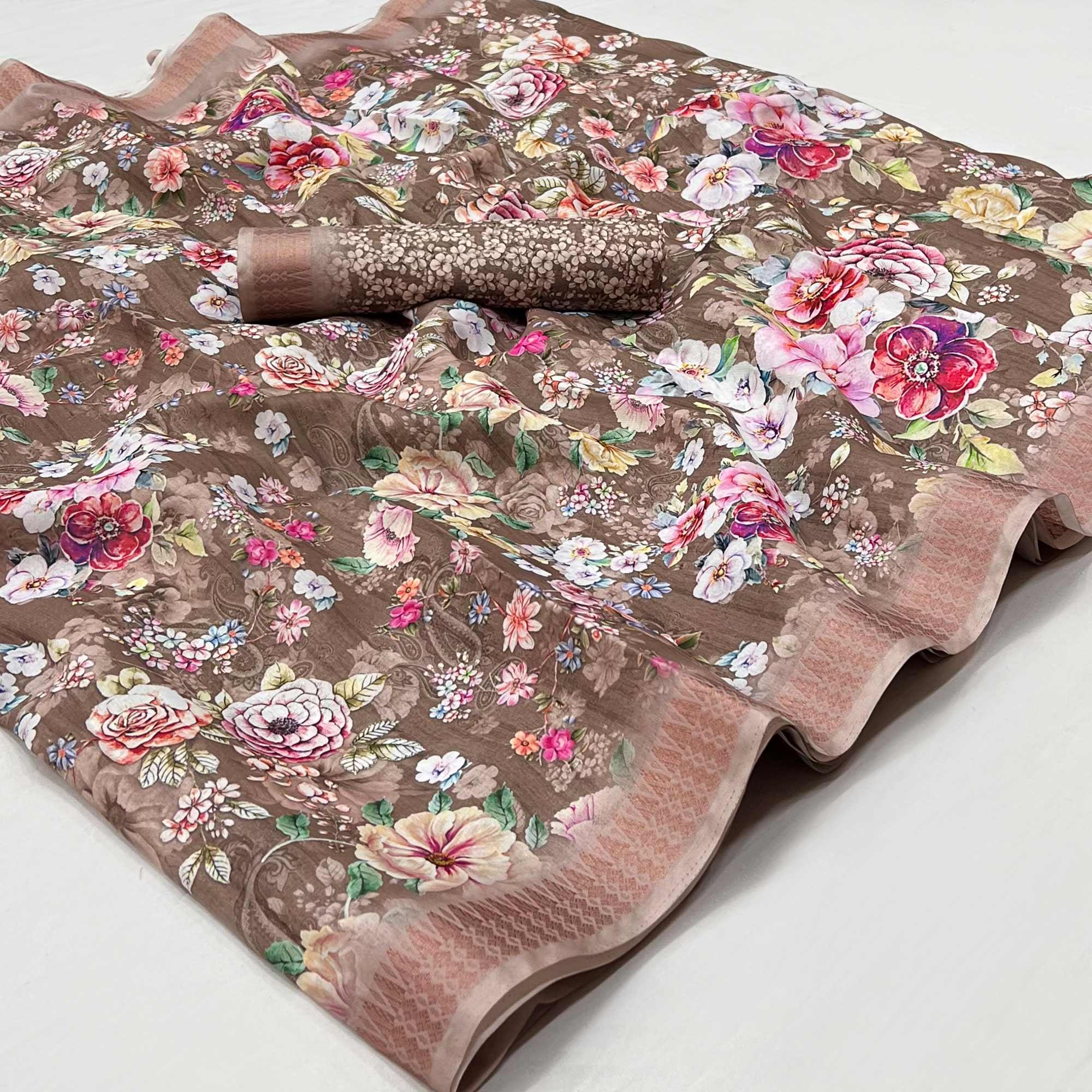 Brown Digital Printed Cotton Silk Saree - Peachmode