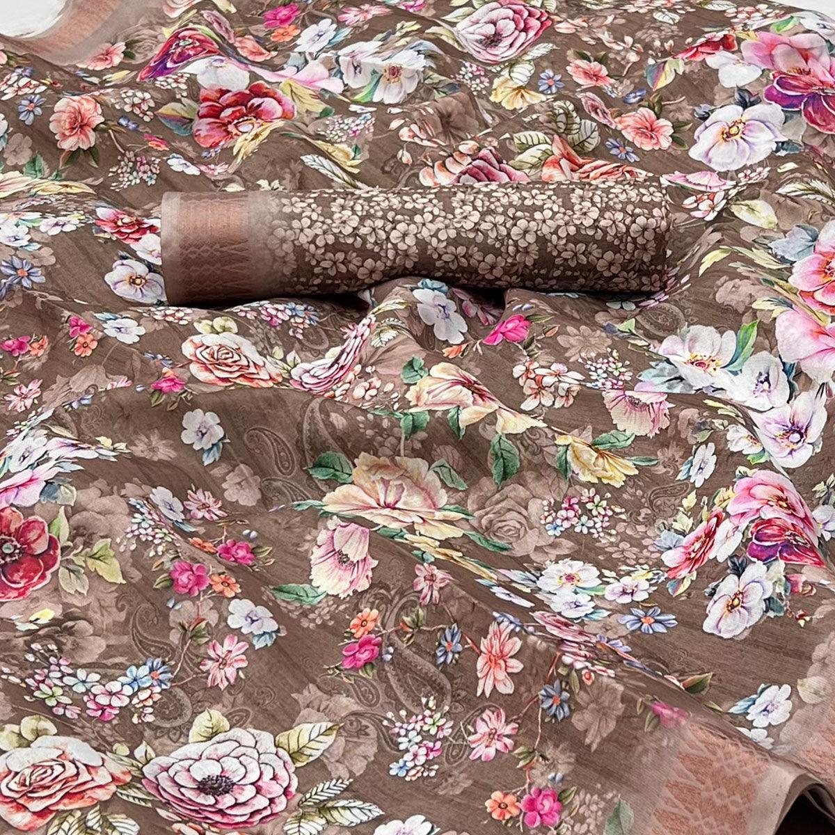 Brown Digital Printed Cotton Silk Saree - Peachmode