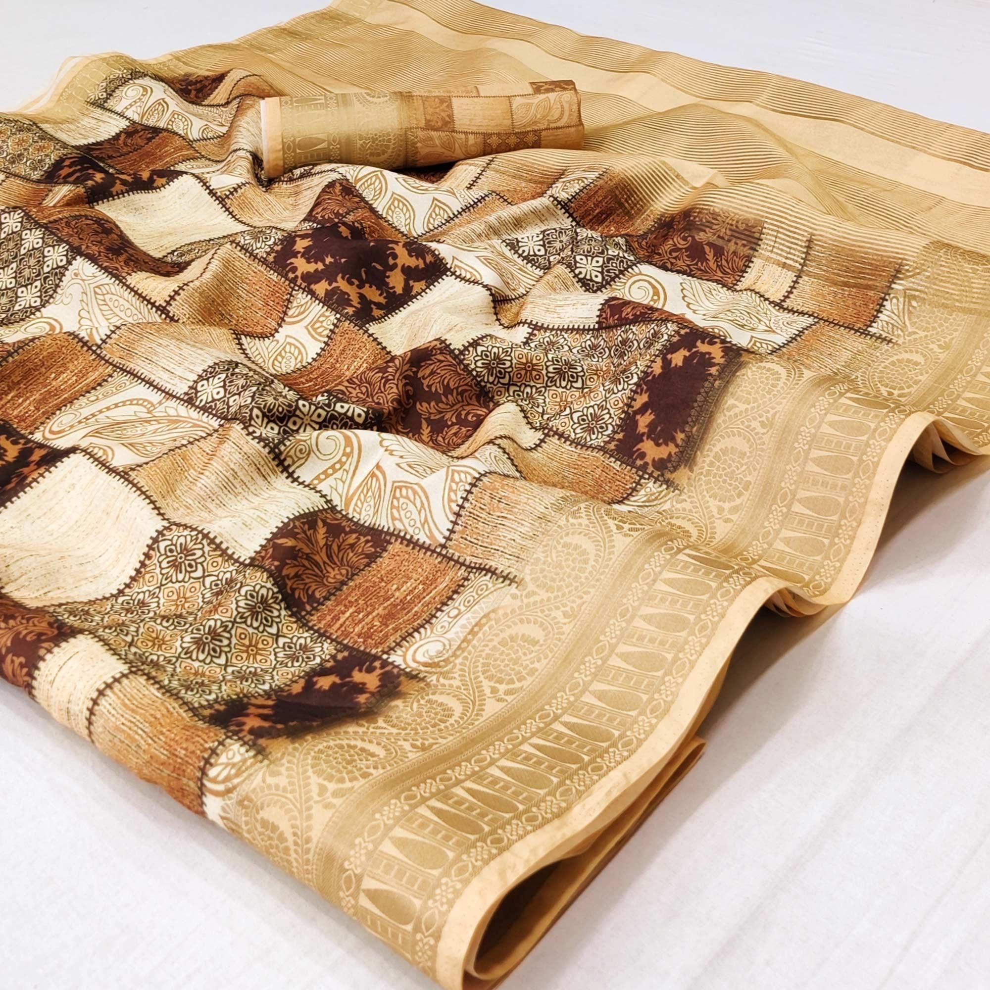 Brown Digital Printed Dola Silk Saree - Peachmode