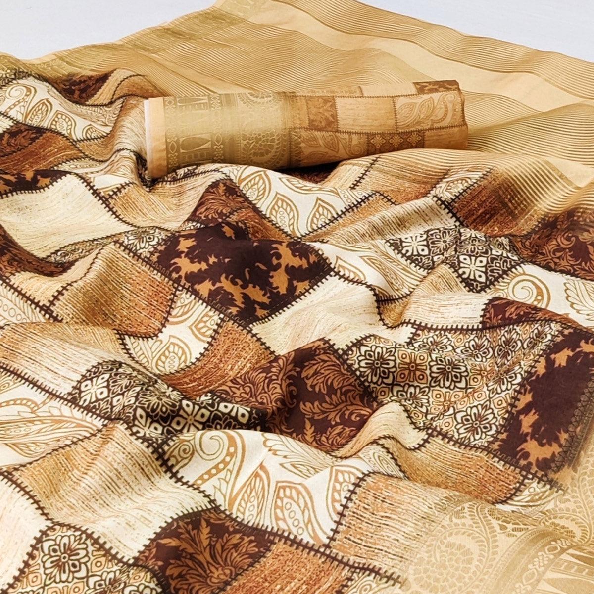 Brown Digital Printed Dola Silk Saree - Peachmode