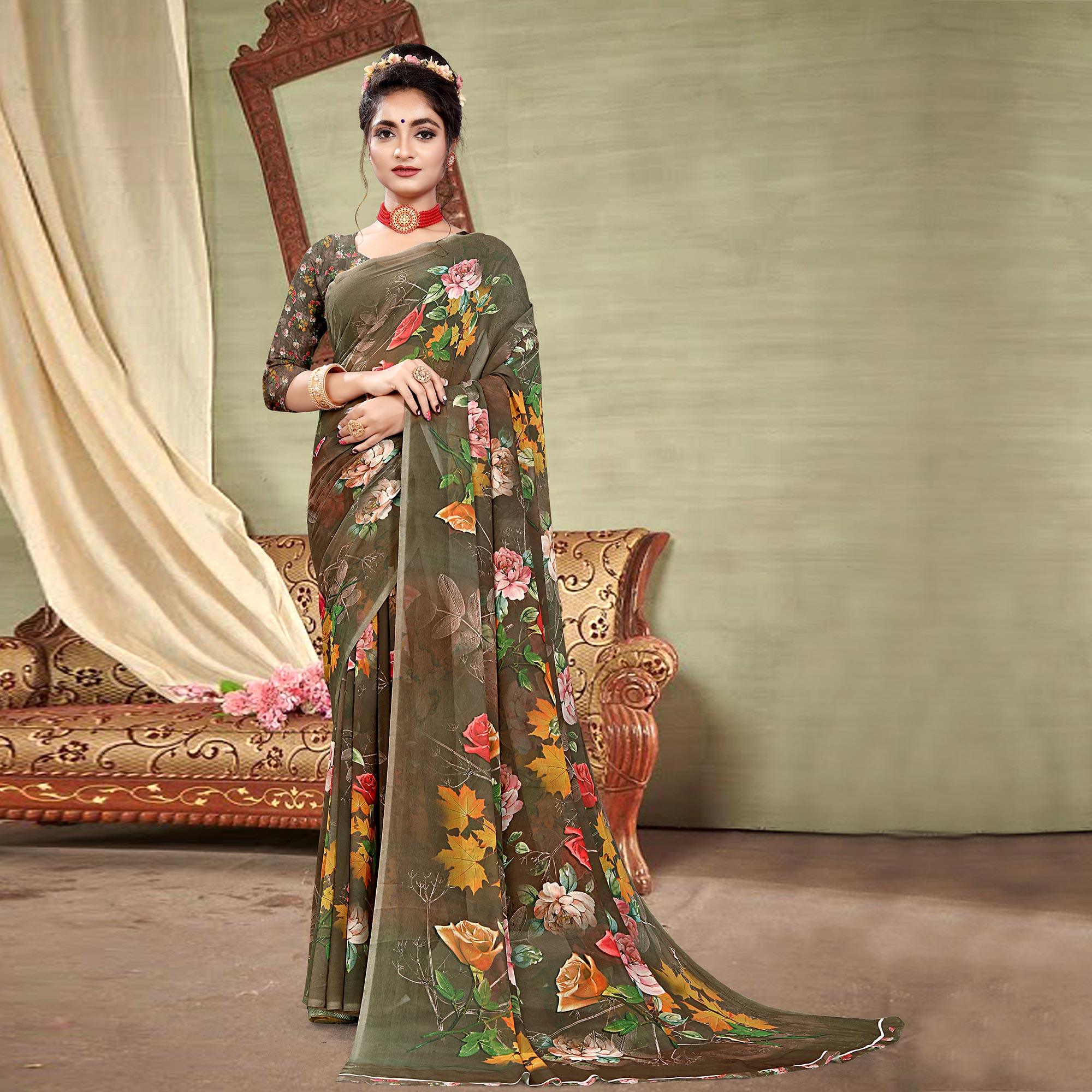 Brown Digital Printed Georgette Saree - Peachmode