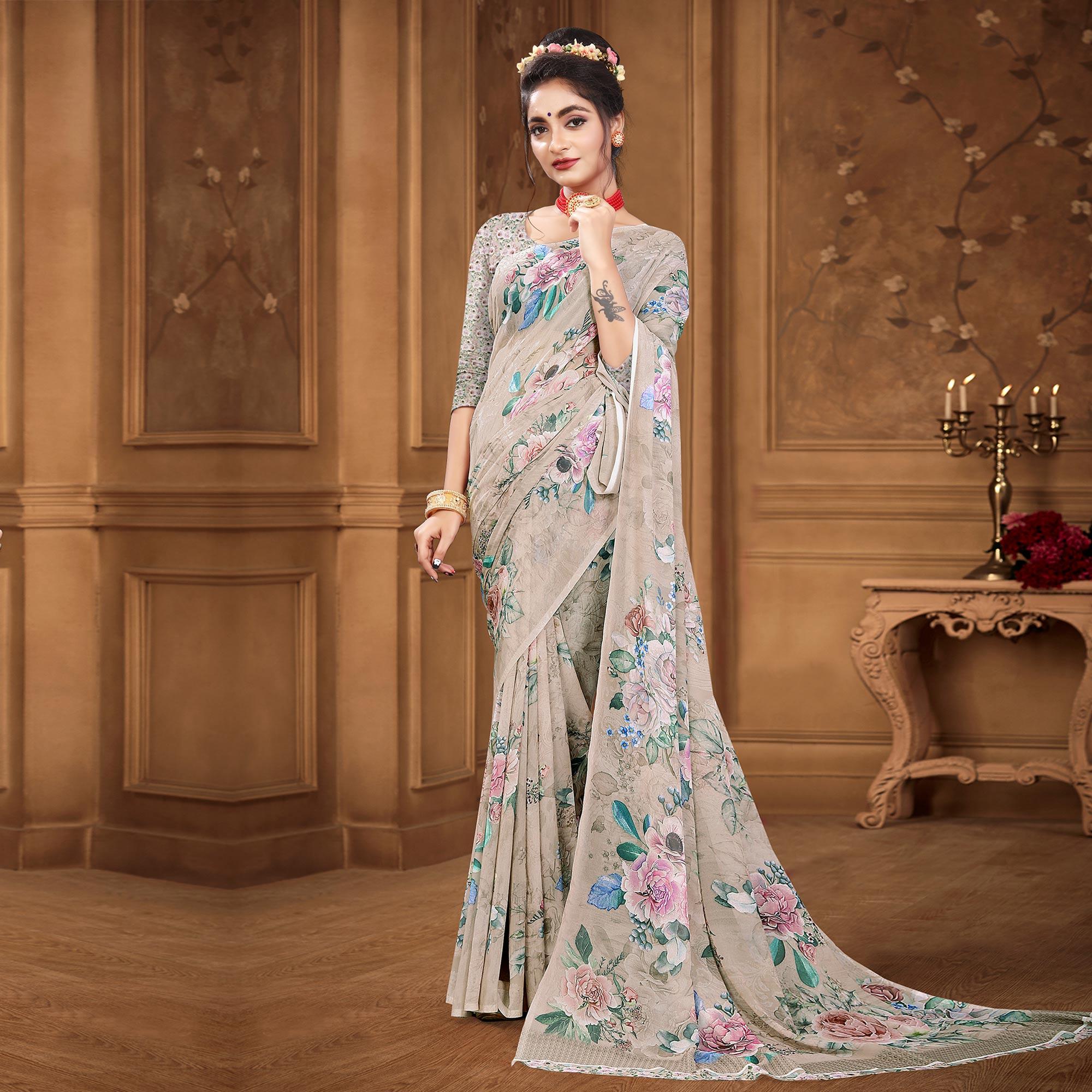 Brown Digital Printed Georgette Saree - Peachmode