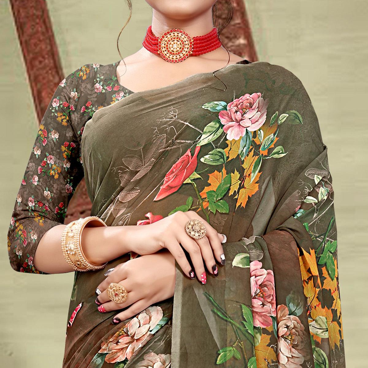 Brown Digital Printed Georgette Saree - Peachmode