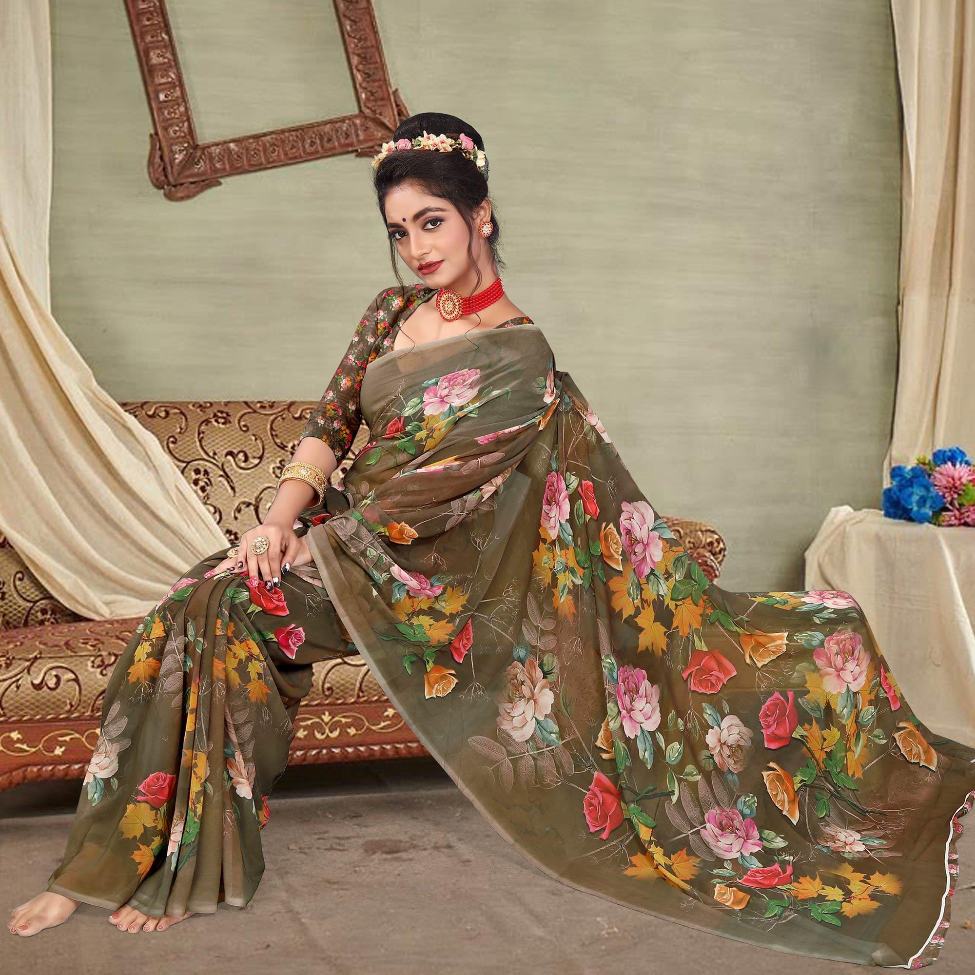 Brown Digital Printed Georgette Saree - Peachmode