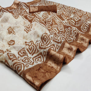 Brown Digital Printed Linen Saree - Peachmode