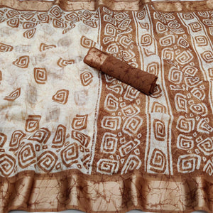 Brown Digital Printed Linen Saree - Peachmode