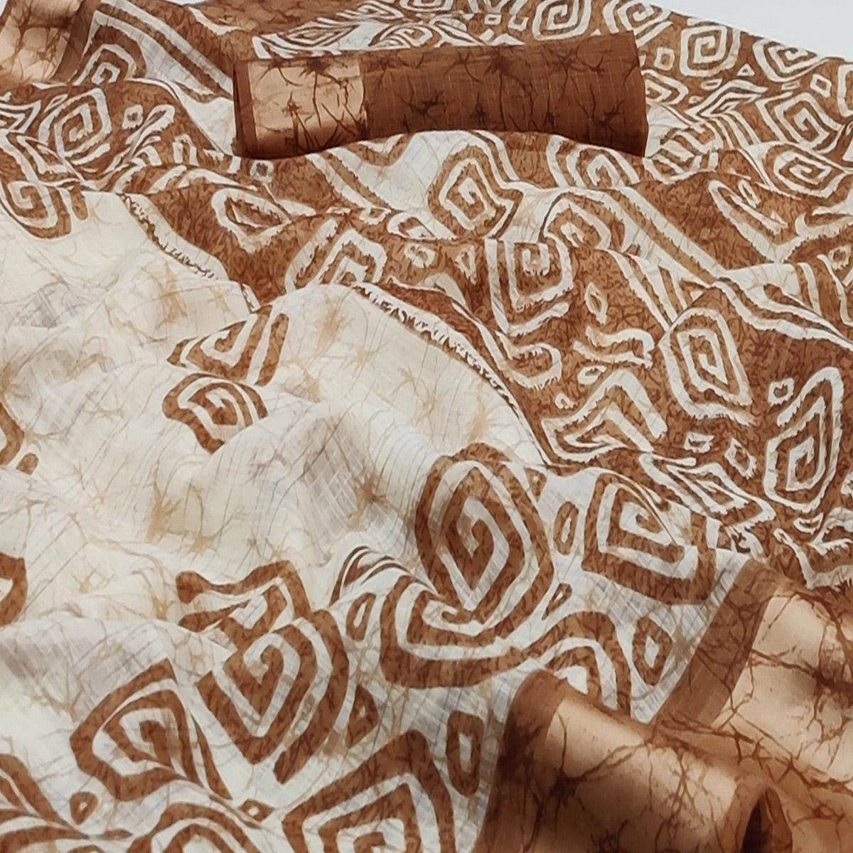 Brown Digital Printed Linen Saree - Peachmode