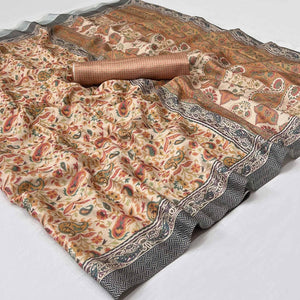 Brown Digital Printed Pashmina Saree - Peachmode