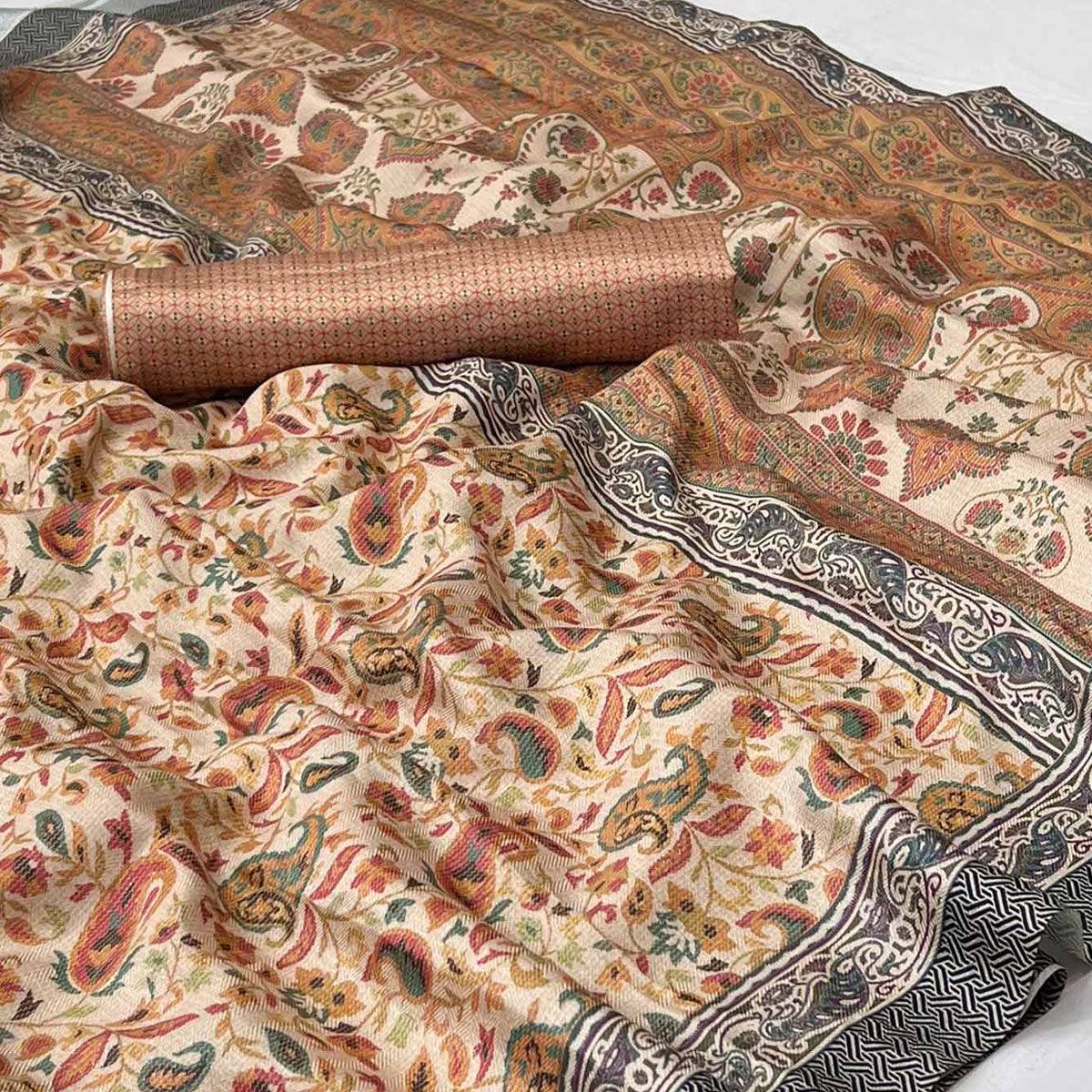 Brown Digital Printed Pashmina Saree - Peachmode