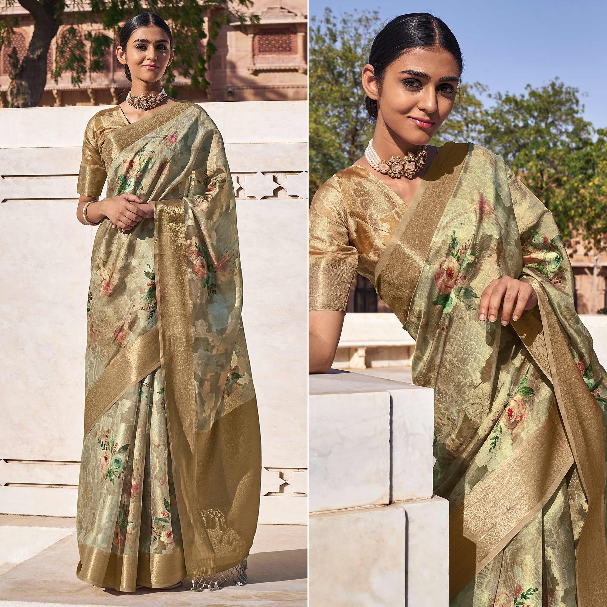 Brown Digital Printed Poly Cotton Saree - Peachmode