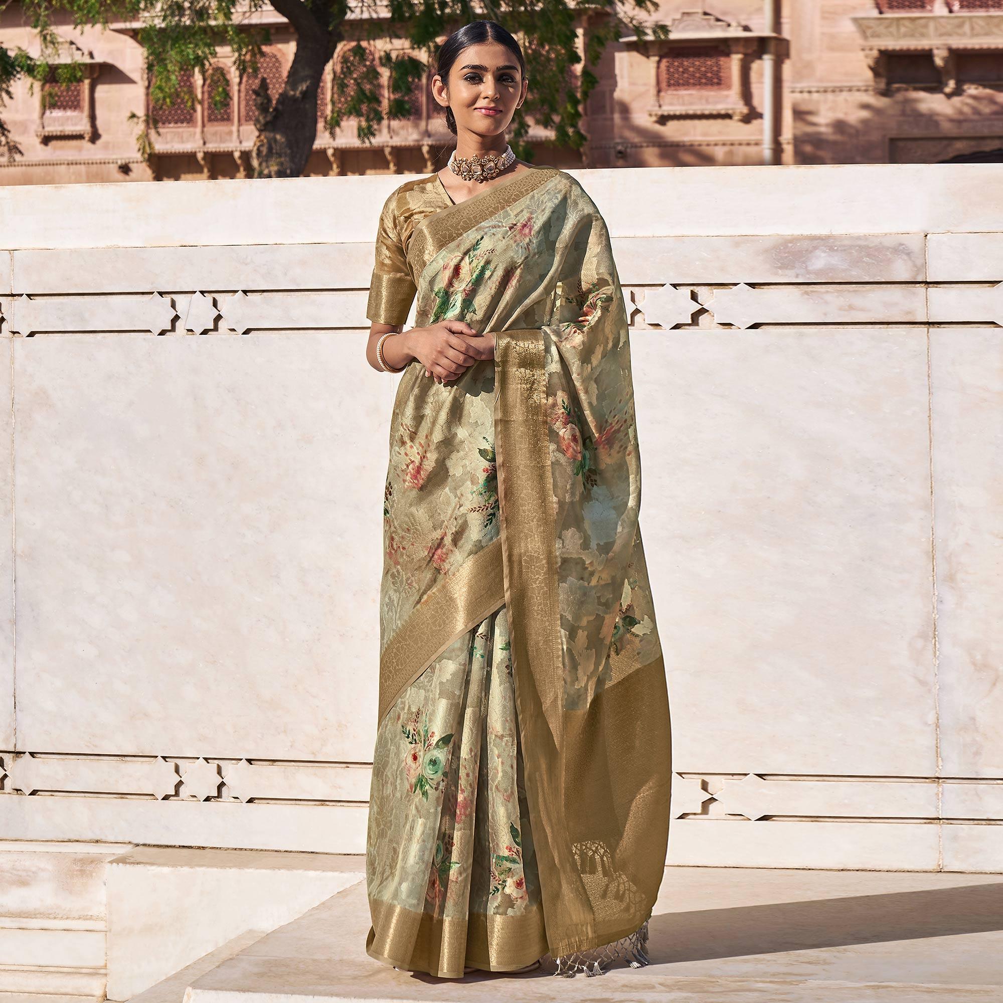 Brown Digital Printed Poly Cotton Saree - Peachmode