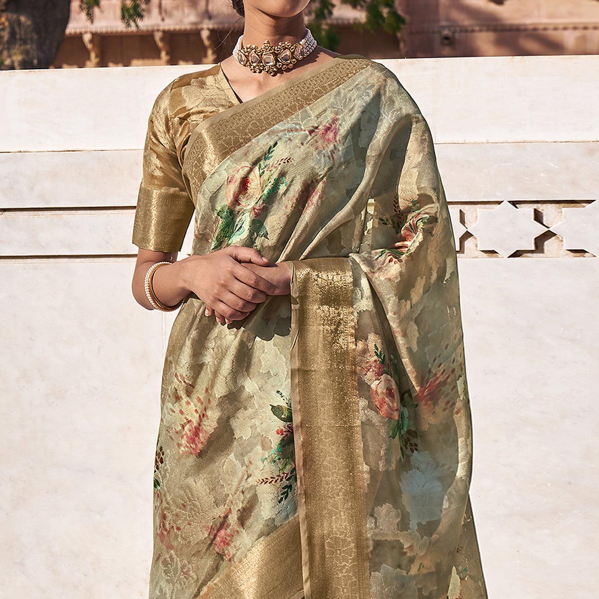 Brown Digital Printed Poly Cotton Saree - Peachmode