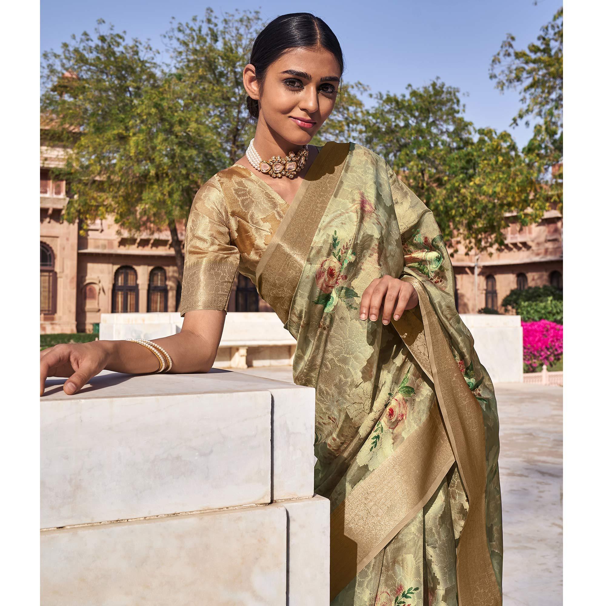 Brown Digital Printed Poly Cotton Saree - Peachmode