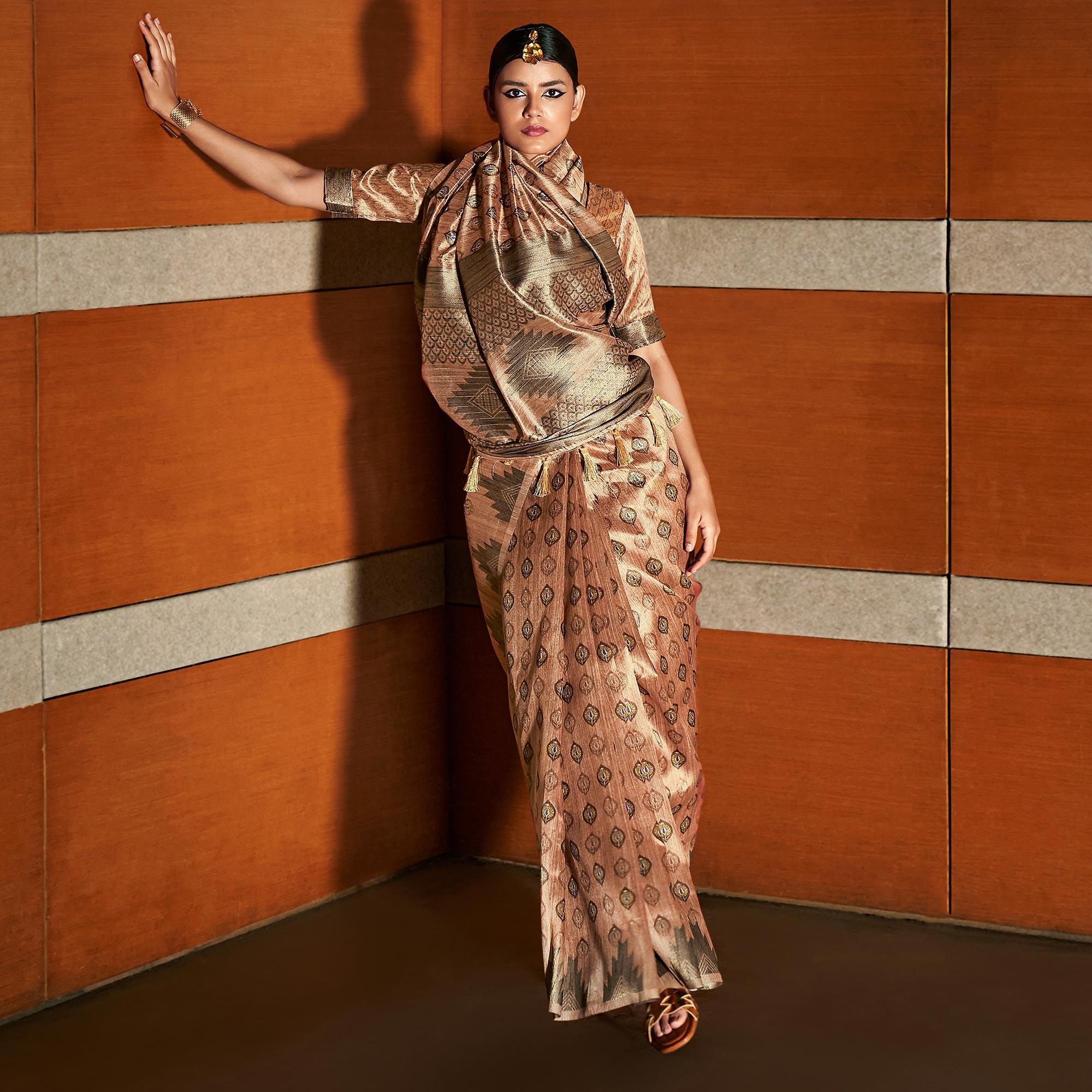 Brown digital Printed Raw Silk Saree With Tassels - Peachmode