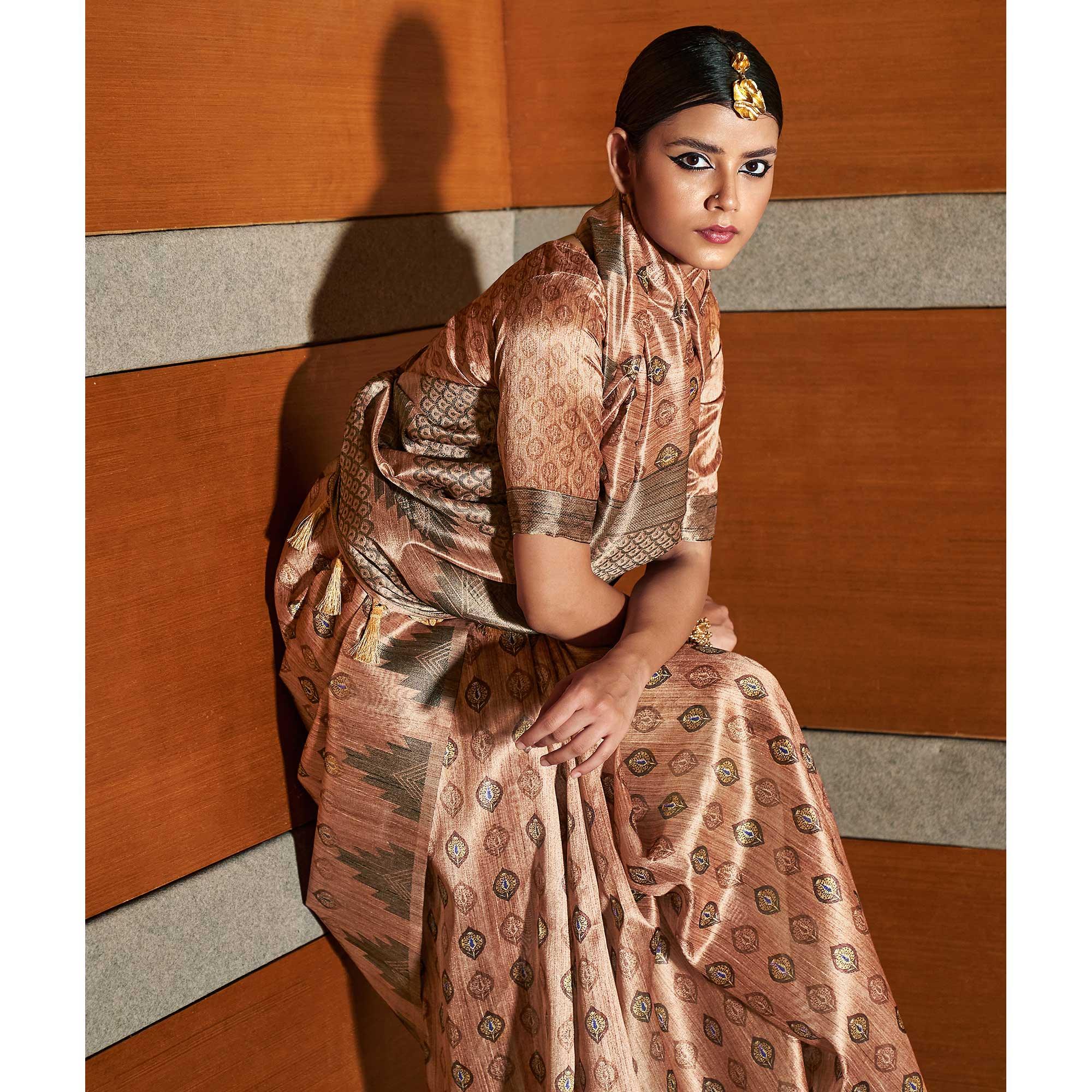 Brown digital Printed Raw Silk Saree With Tassels - Peachmode