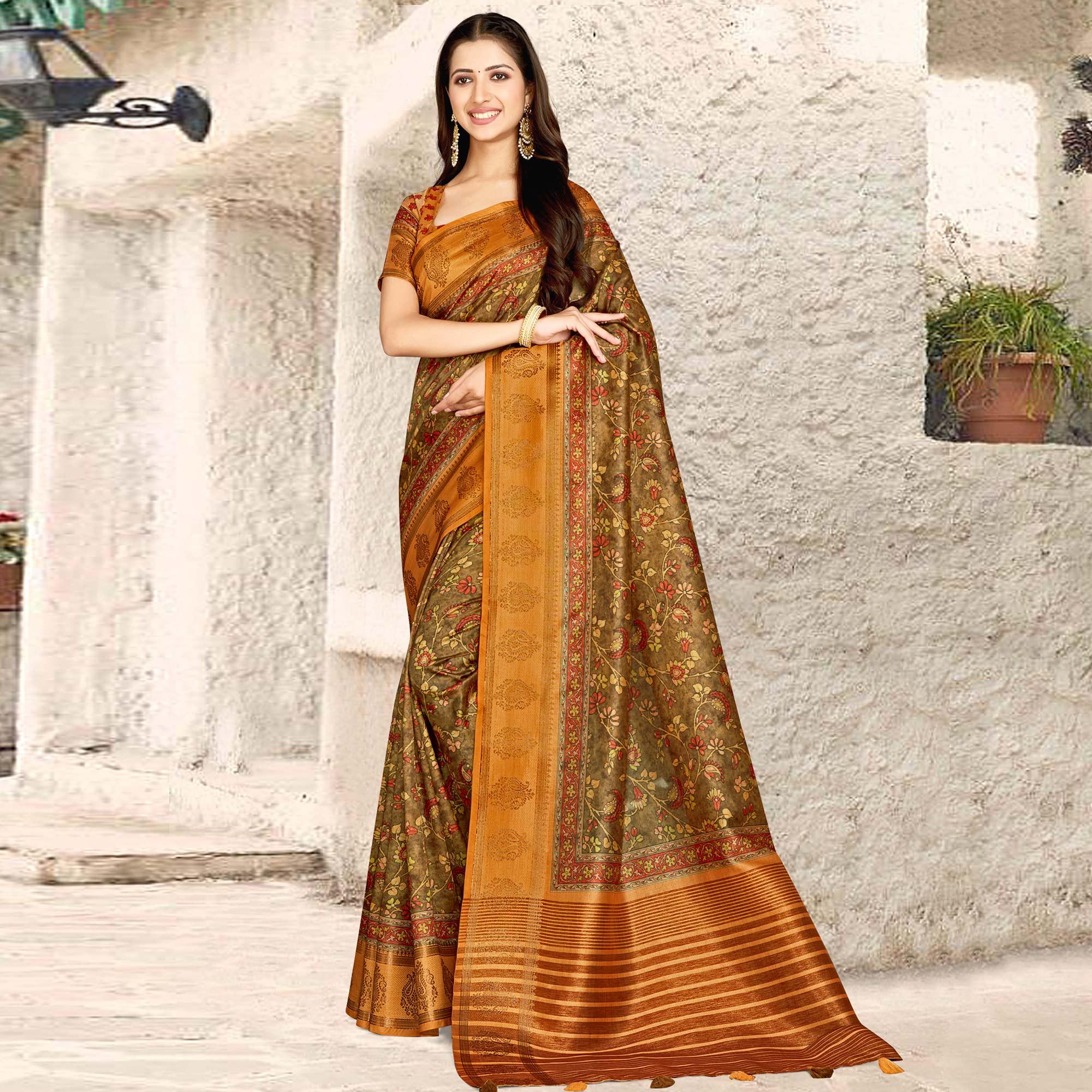 Brown Digital Printed Tussar Silk Saree With Tassels - Peachmode