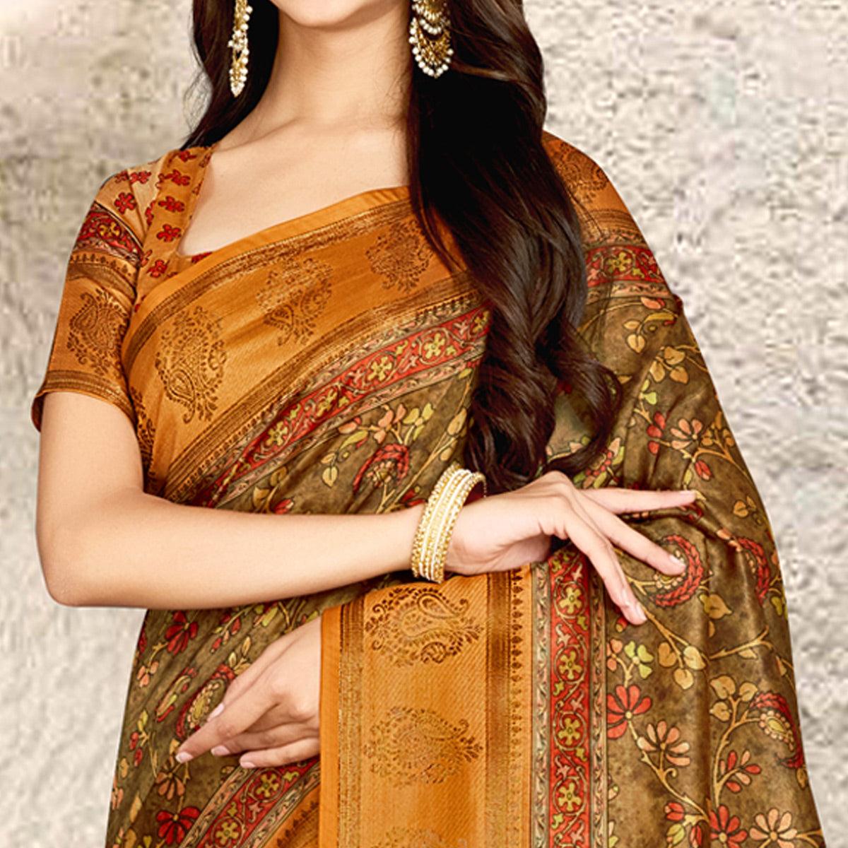 Brown Digital Printed Tussar Silk Saree With Tassels - Peachmode
