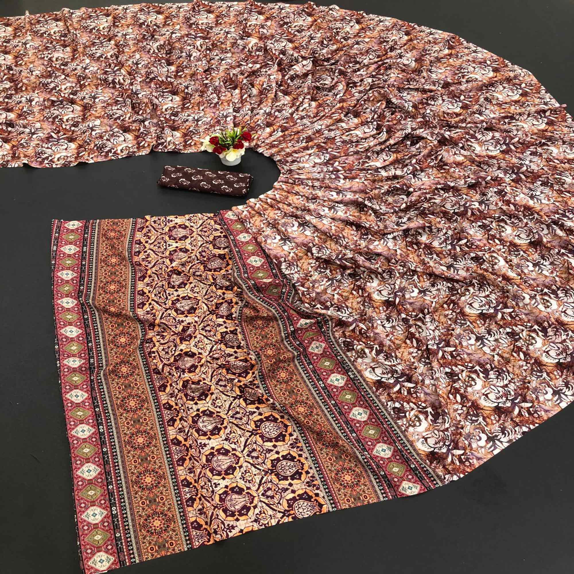 Brown Digital Printed Vichitra Silk Saree - Peachmode