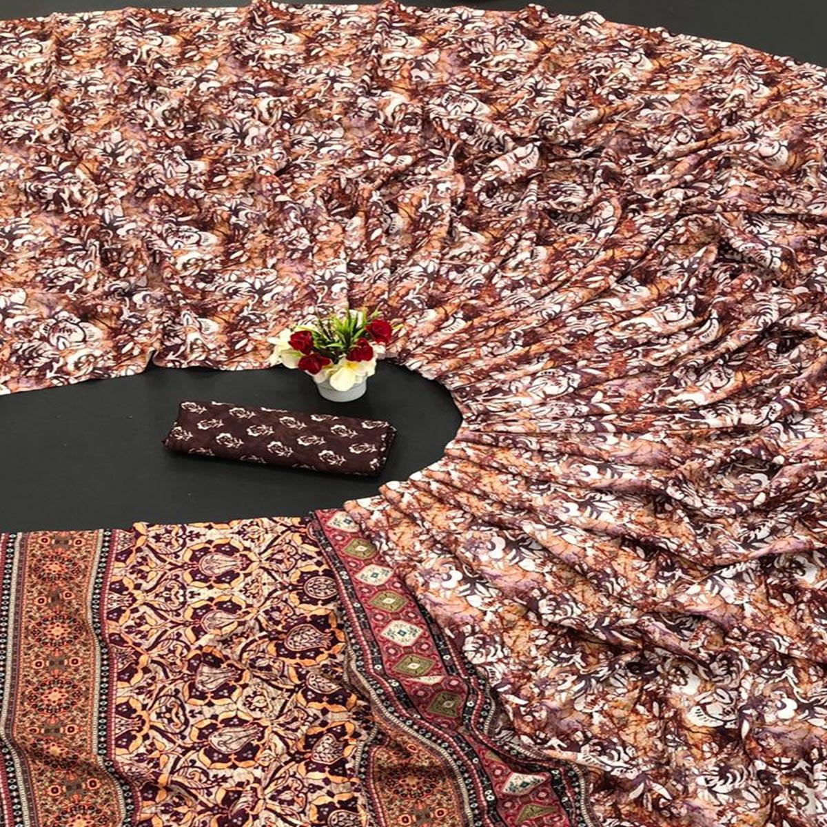 Brown Digital Printed Vichitra Silk Saree - Peachmode