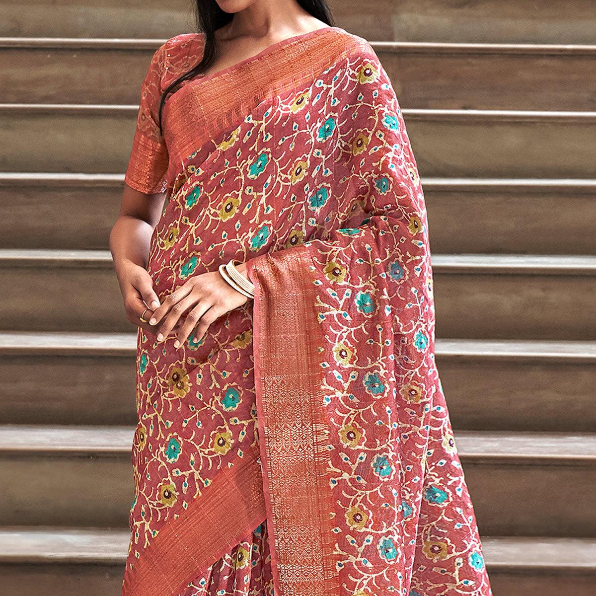 Brown Digital Printed-Woven Art Silk Saree With Tassels - Peachmode