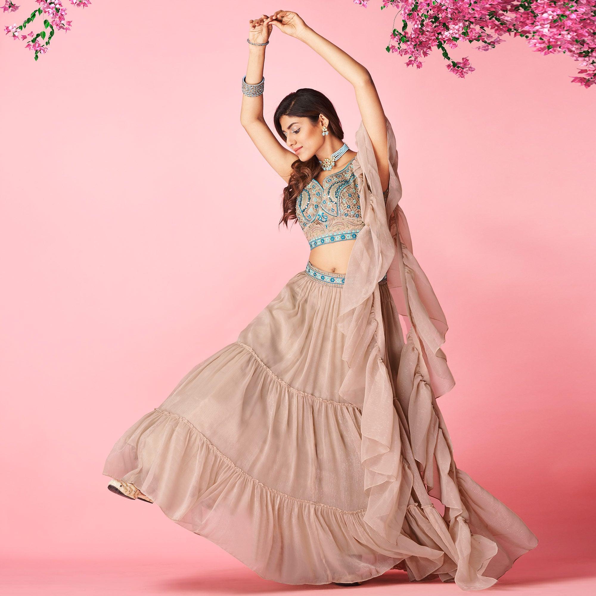 Brown Embellished With Embroidered Chiffon Lehenga Choli - Peachmode