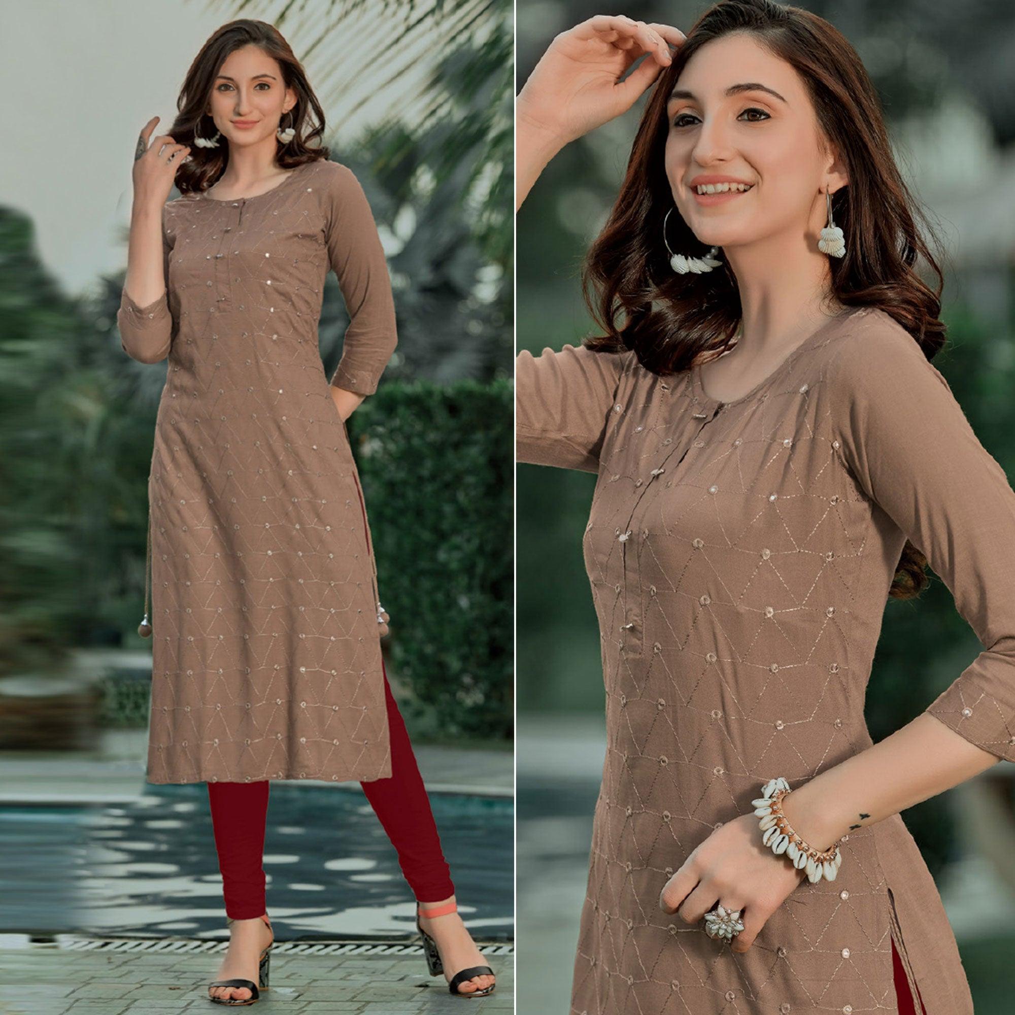 Brown Embellished With Embroidered Cotton Kurti - Peachmode
