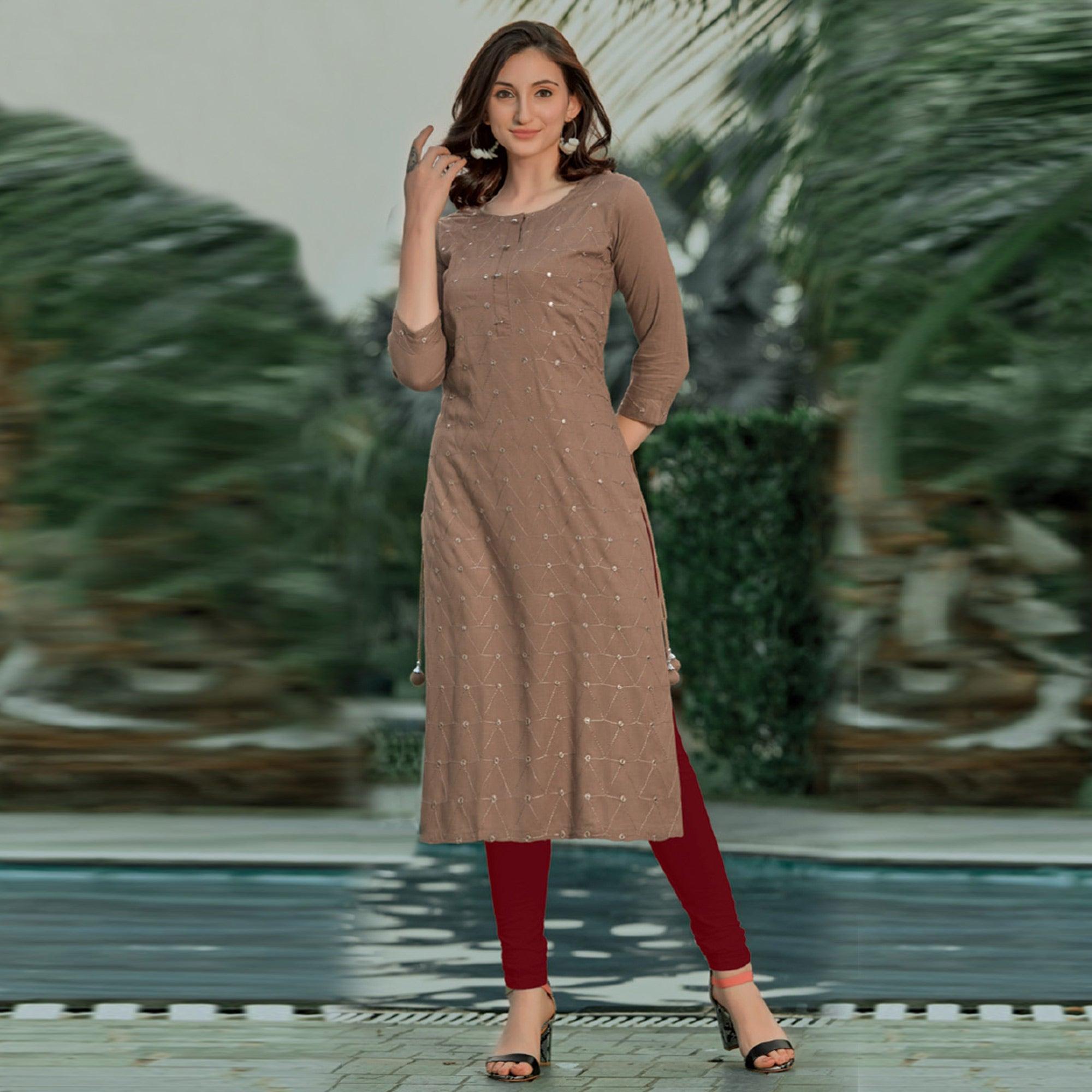 Brown Embellished With Embroidered Cotton Kurti - Peachmode