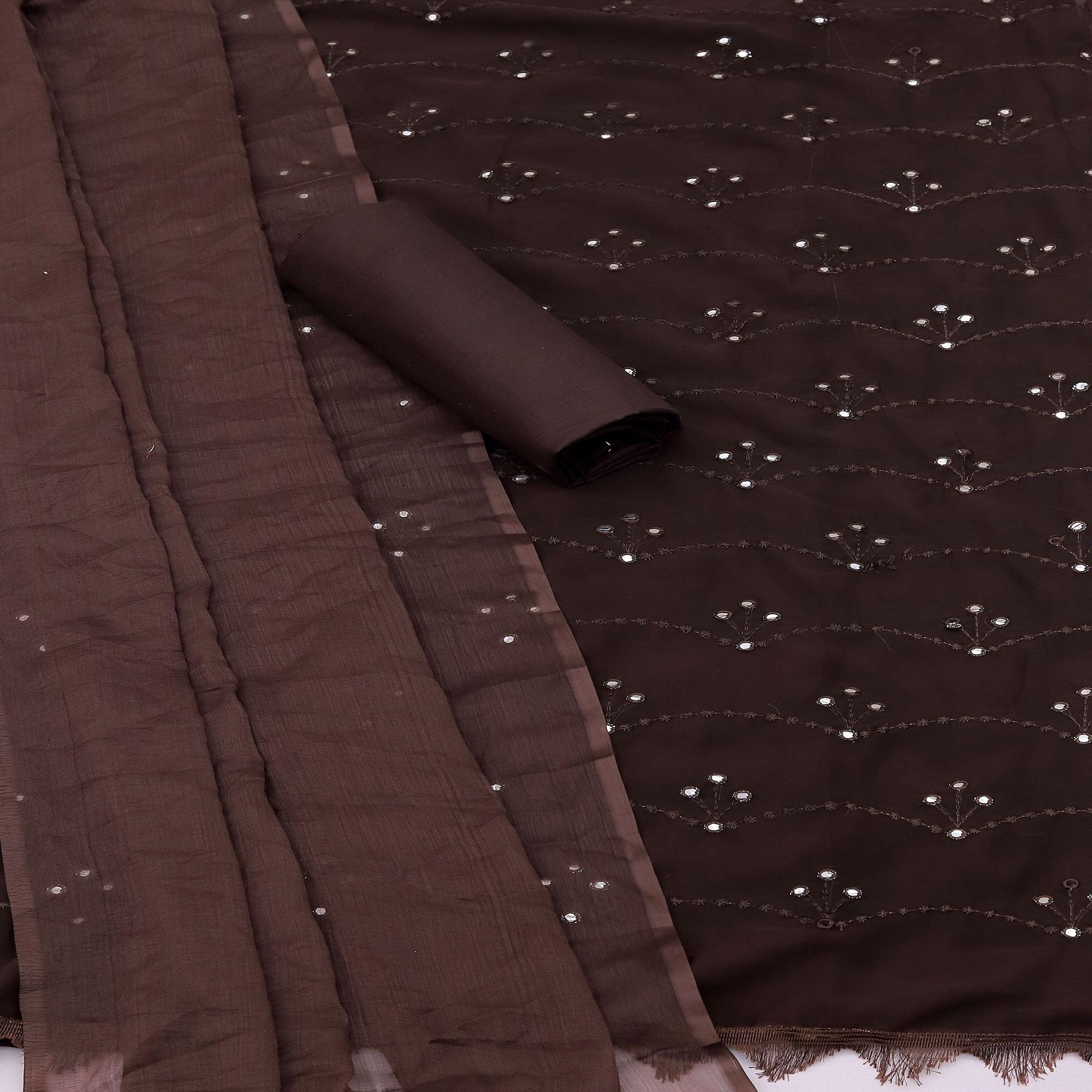 Brown Embellished With Embroidered Georgette Dress Material - Peachmode