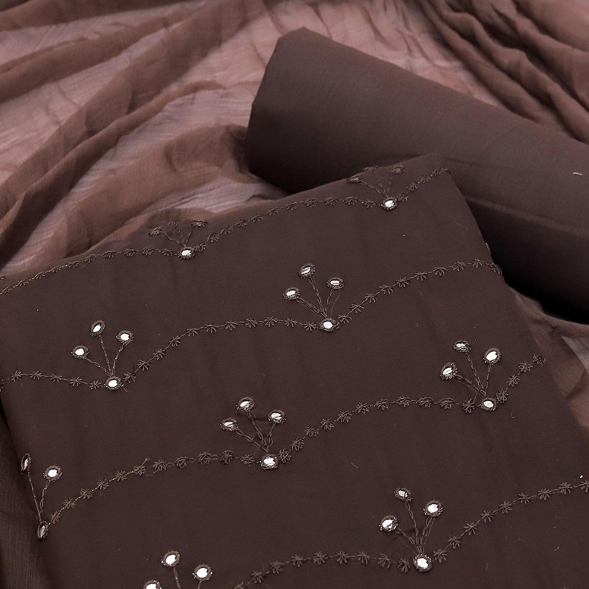 Brown Embellished With Embroidered Georgette Dress Material - Peachmode