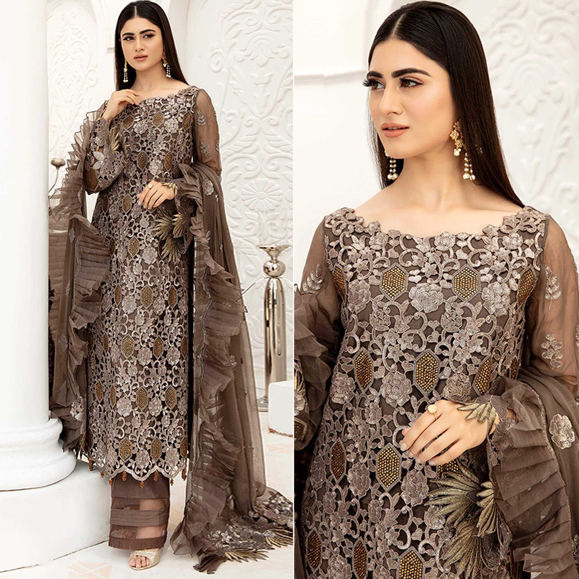 Brown Embellished With Embroidered Net Pakistani Suit - Peachmode