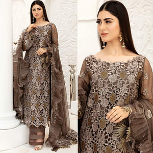 Brown Embellished With Embroidered Net Pakistani Suit - Peachmode