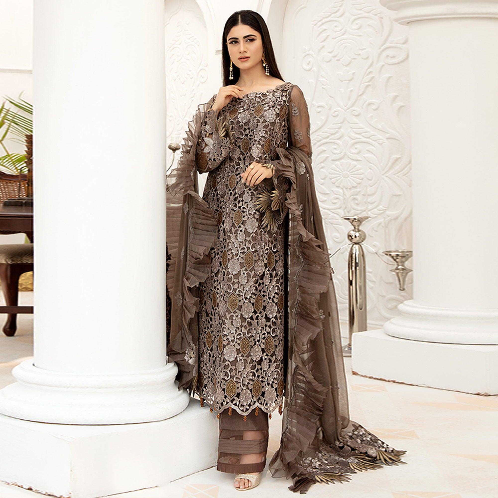 Brown Embellished With Embroidered Net Pakistani Suit - Peachmode