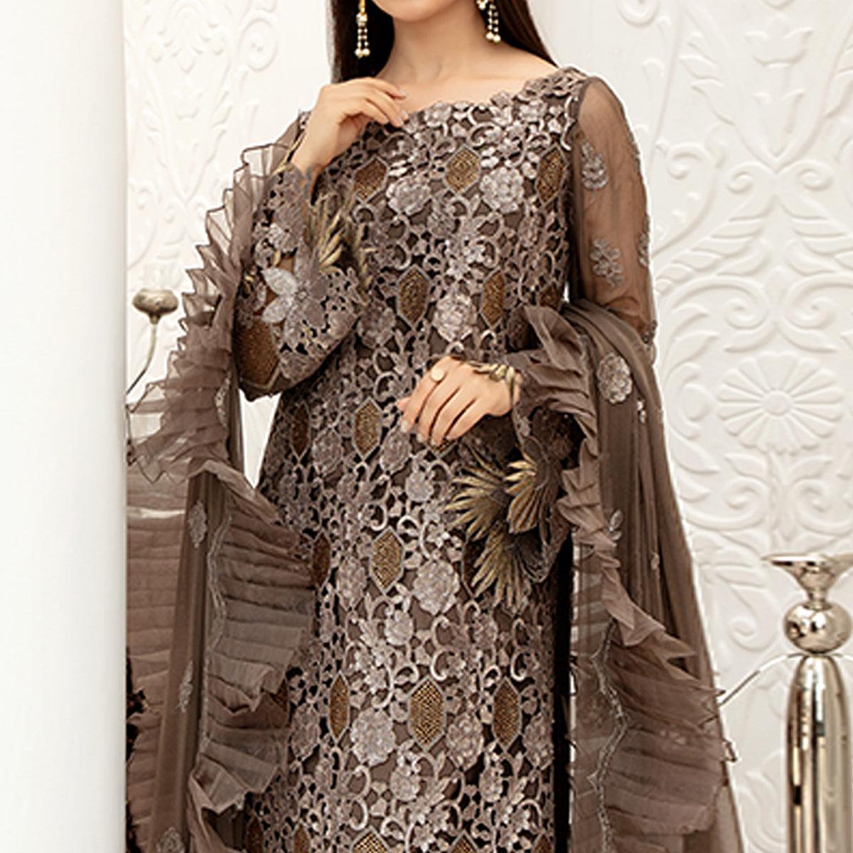 Brown Embellished With Embroidered Net Pakistani Suit - Peachmode