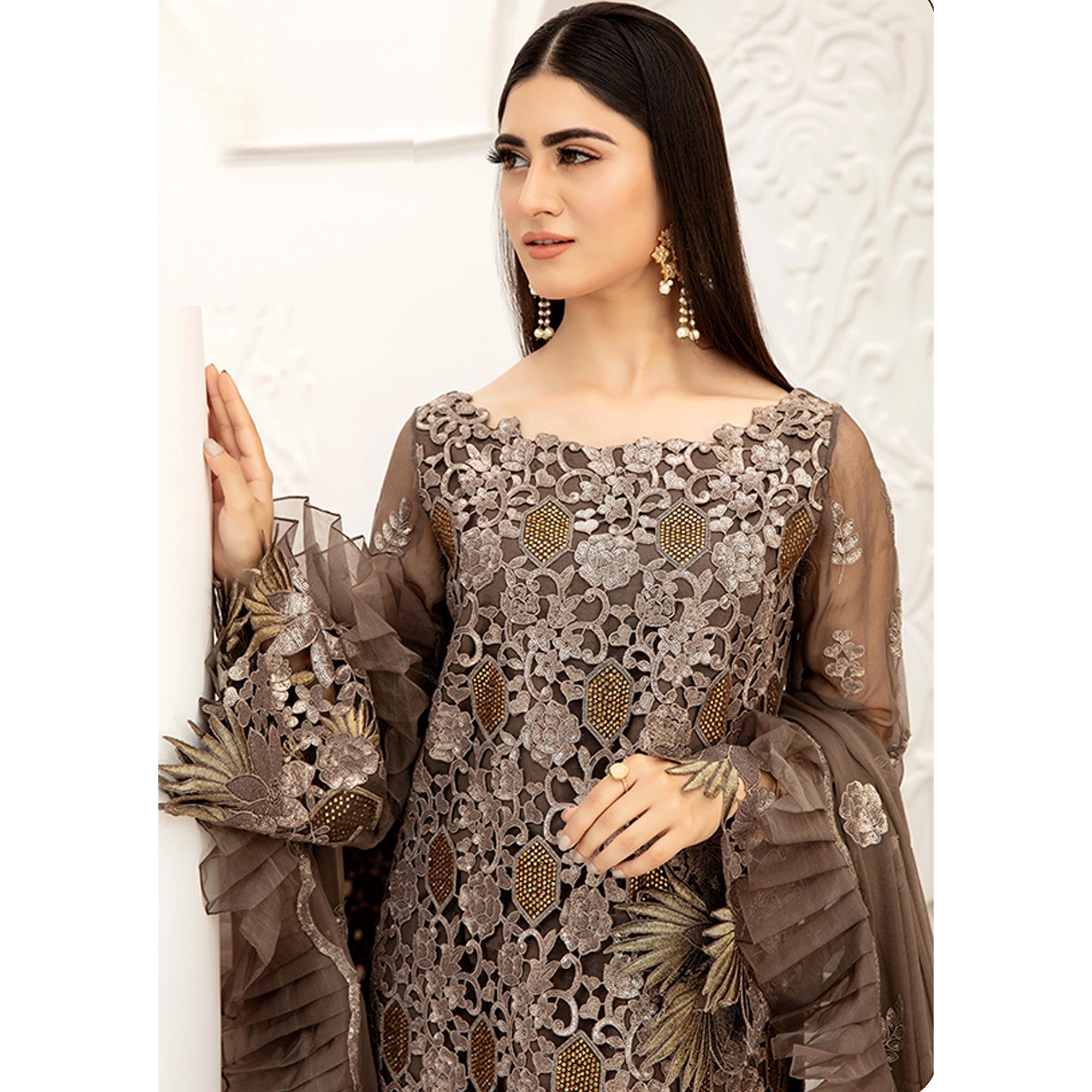 Brown Embellished With Embroidered Net Pakistani Suit - Peachmode