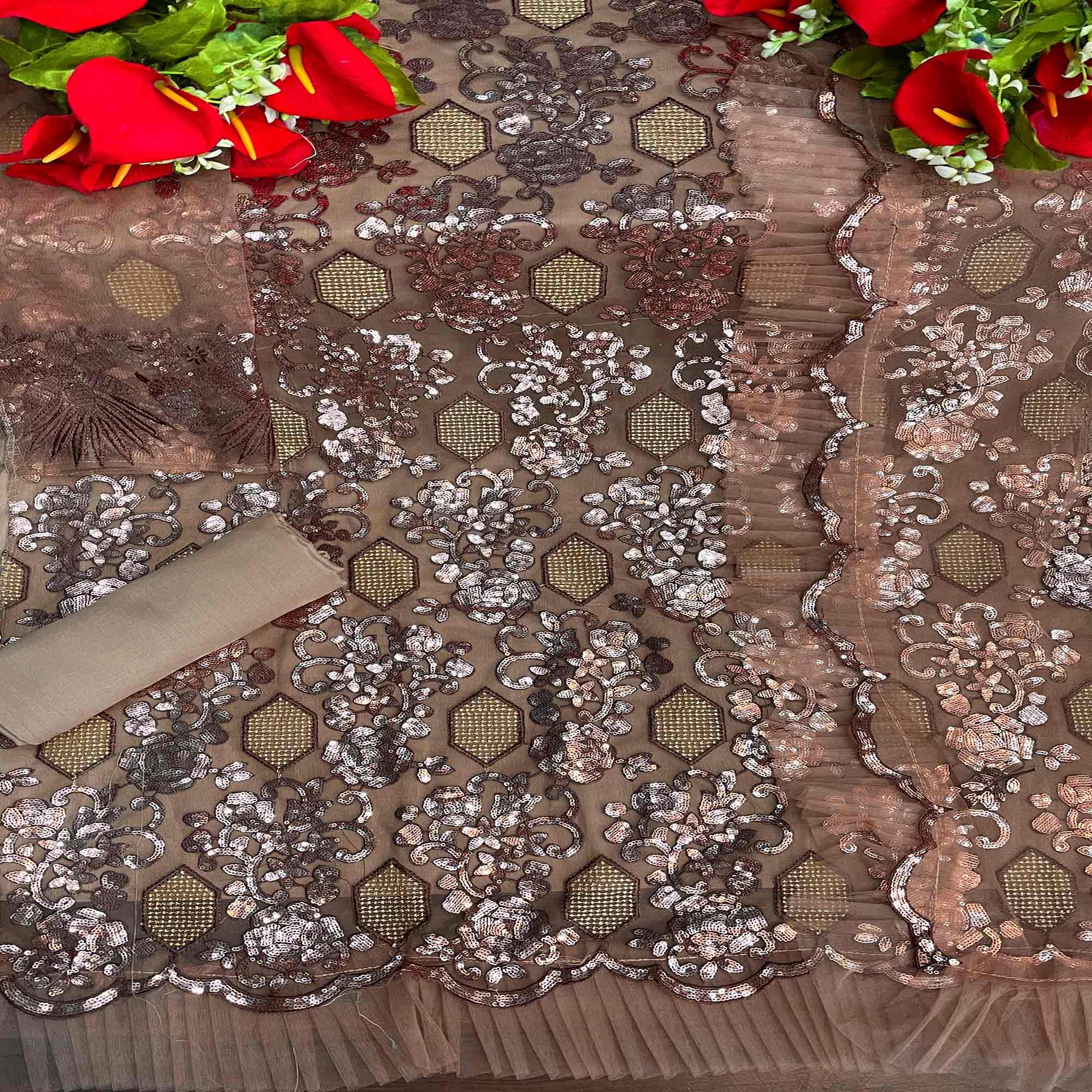 Brown Embellished With Embroidered Net Pakistani Suit - Peachmode