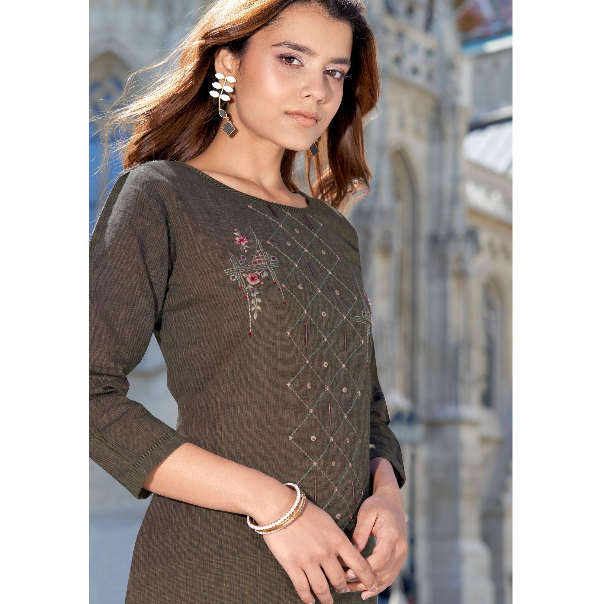 Brown Embroidered Cotton Blend Kurti Pant Set - Peachmode