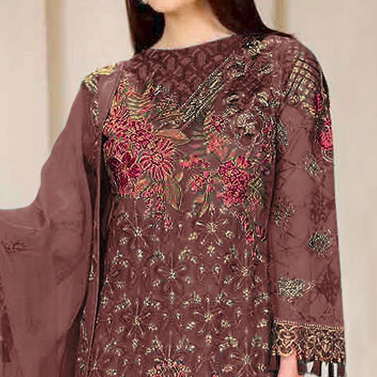 Brown Embroidered Georgette Pakistani Suit - Peachmode
