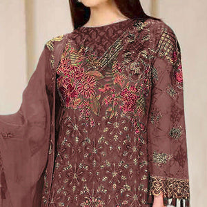 Brown Embroidered Georgette Pakistani Suit - Peachmode