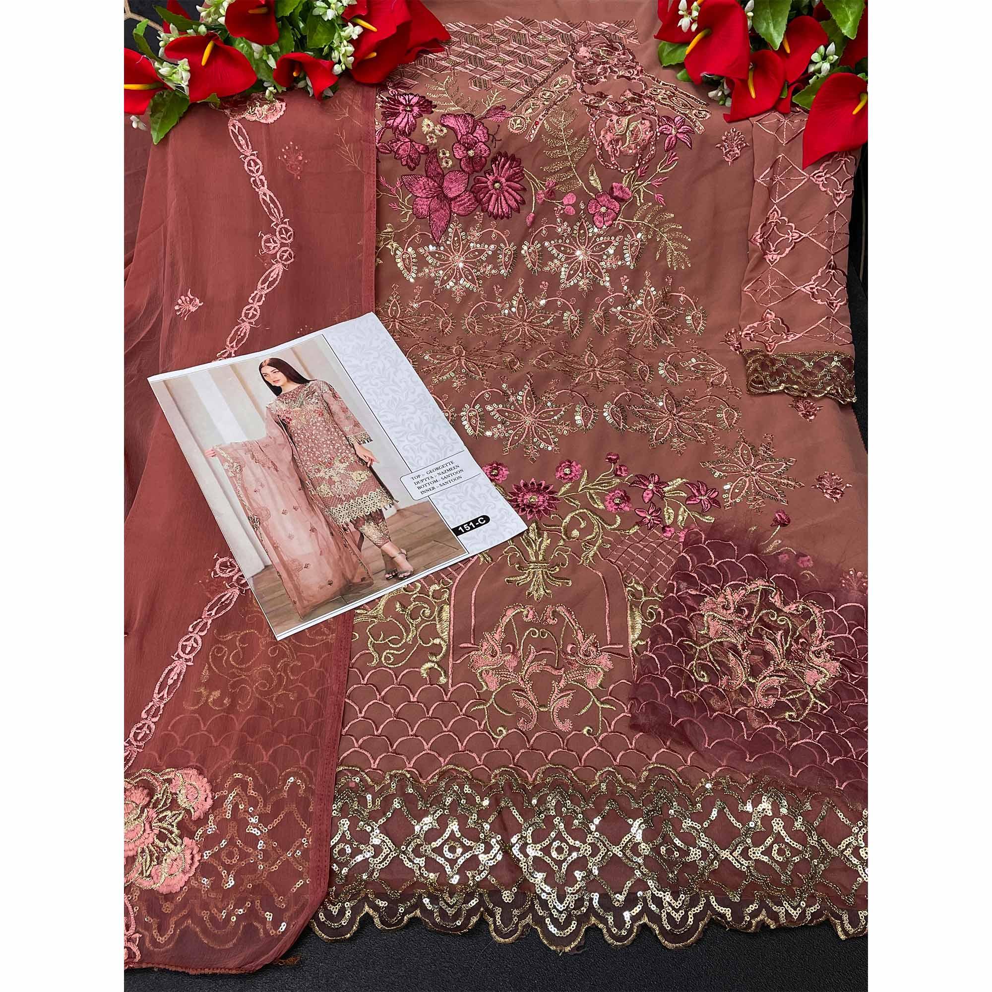 Brown Embroidered Georgette Pakistani Suit - Peachmode
