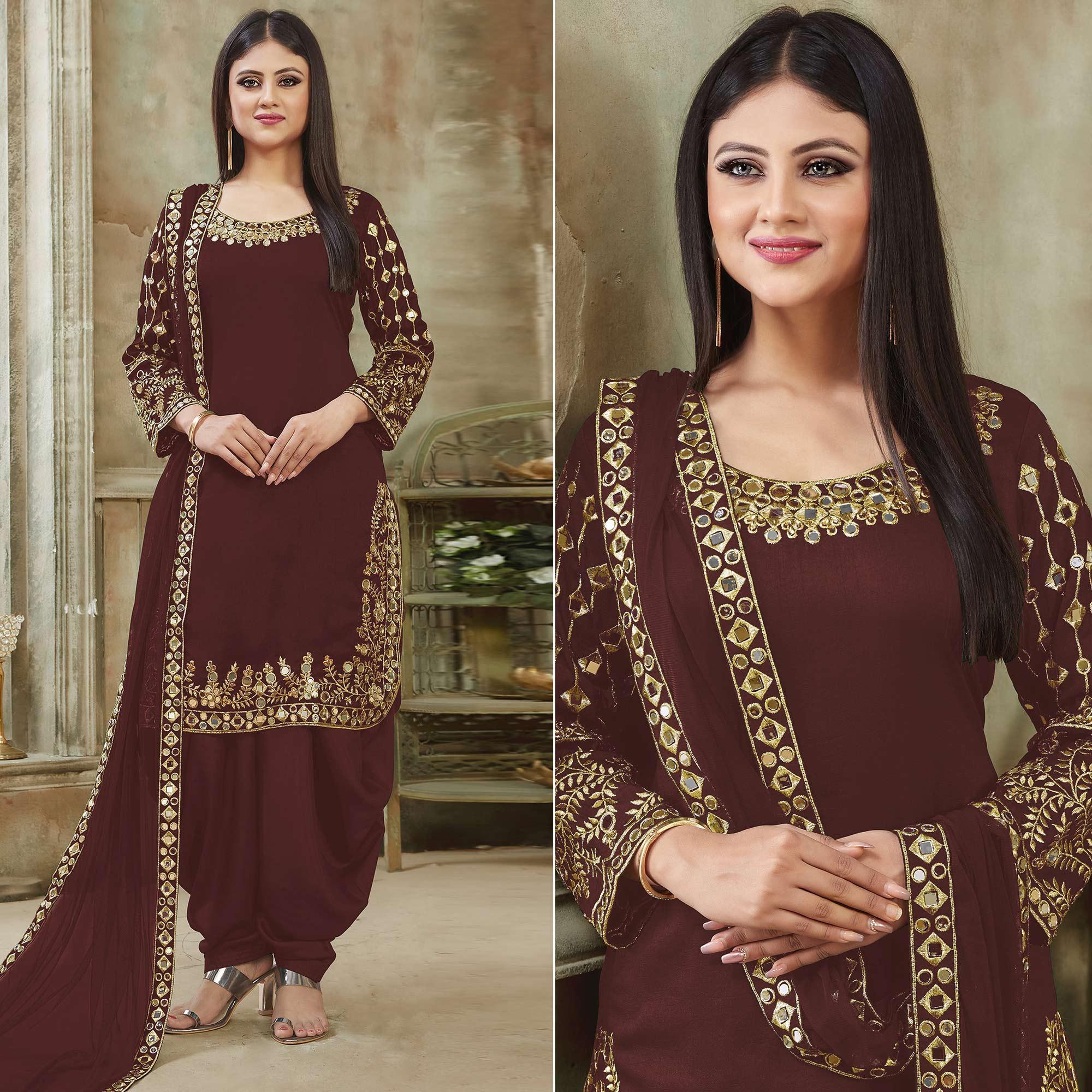 Brown Embroidered Georgette Patiala Suit - Peachmode