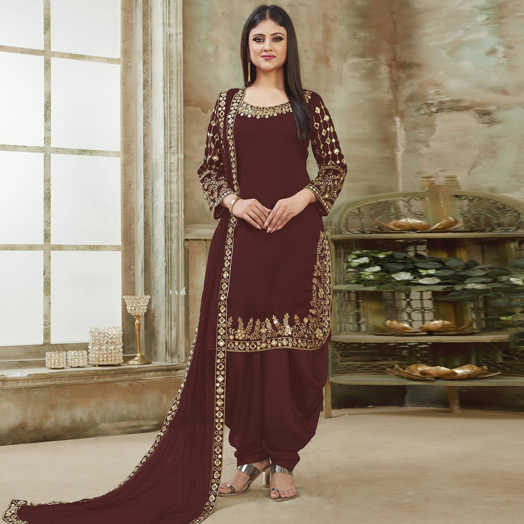 Brown Embroidered Georgette Patiala Suit - Peachmode