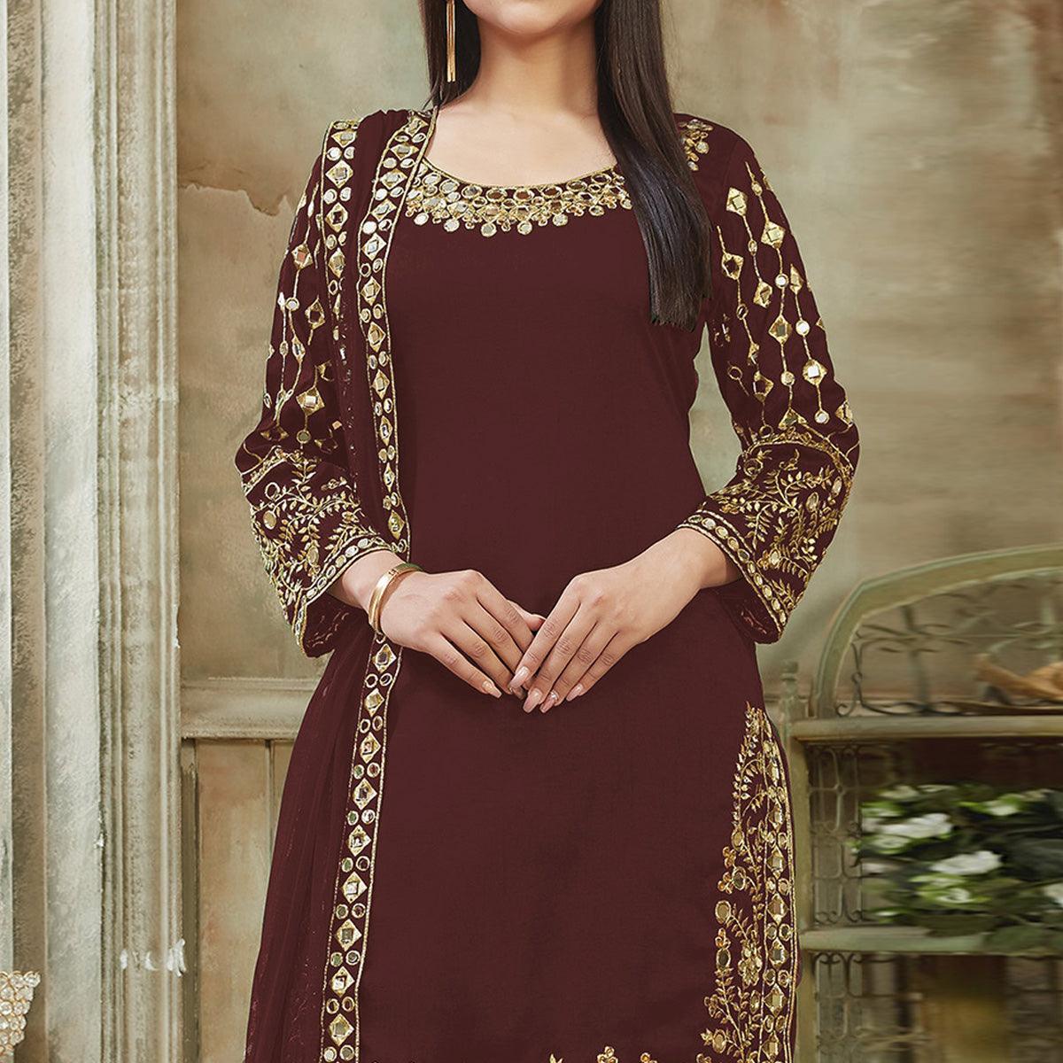 Brown Embroidered Georgette Patiala Suit - Peachmode