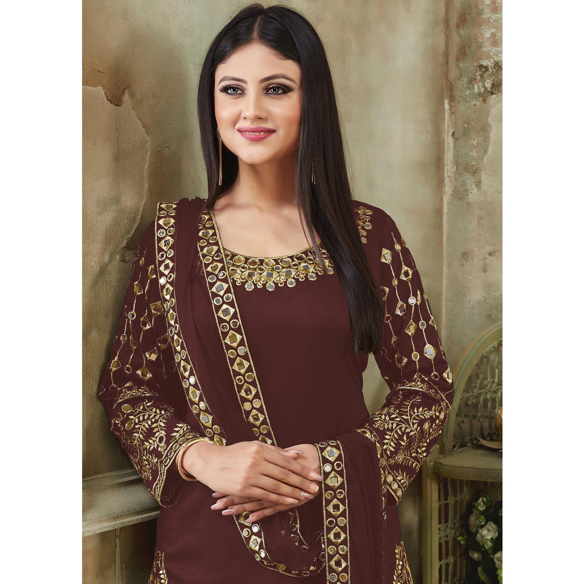 Brown Embroidered Georgette Patiala Suit - Peachmode