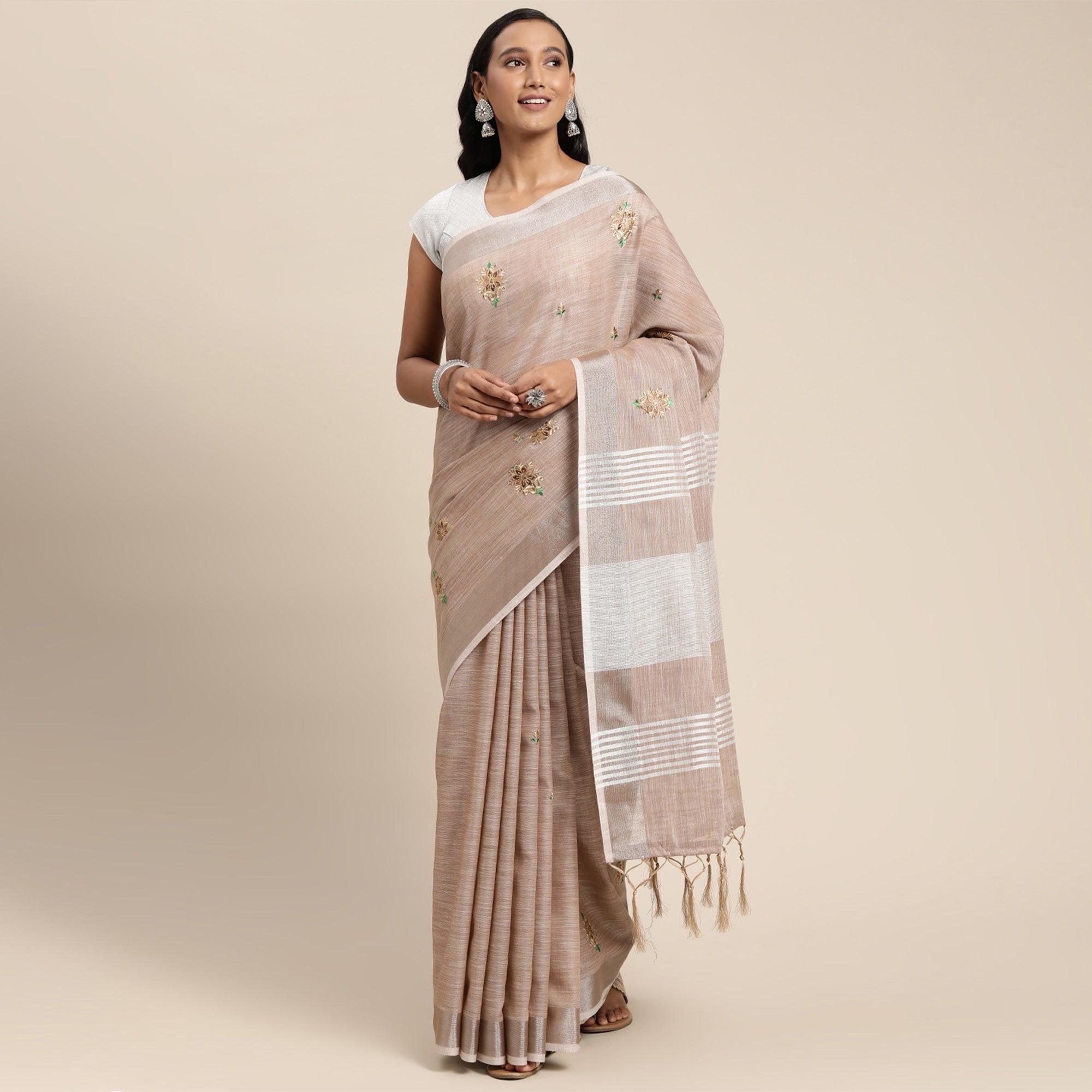Brown Embroidered Linen Saree With Tassels - Peachmode