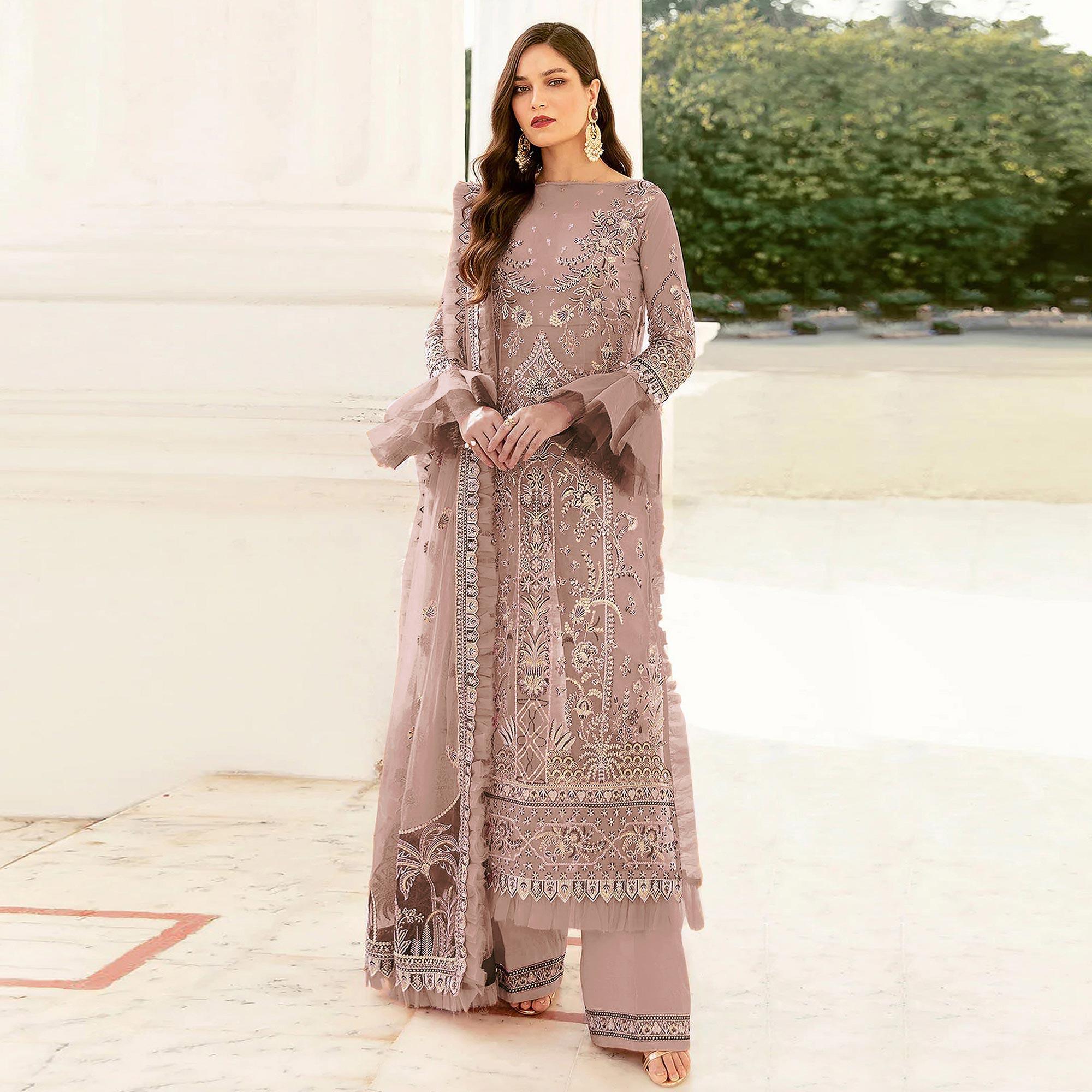 Brown Embroidered Netted Pakistani Suit - Peachmode