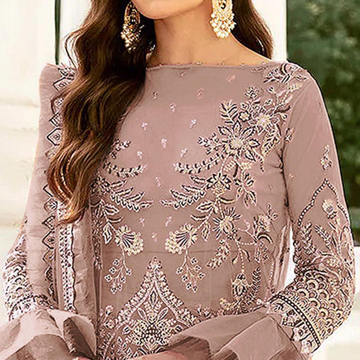 Brown Embroidered Netted Pakistani Suit - Peachmode