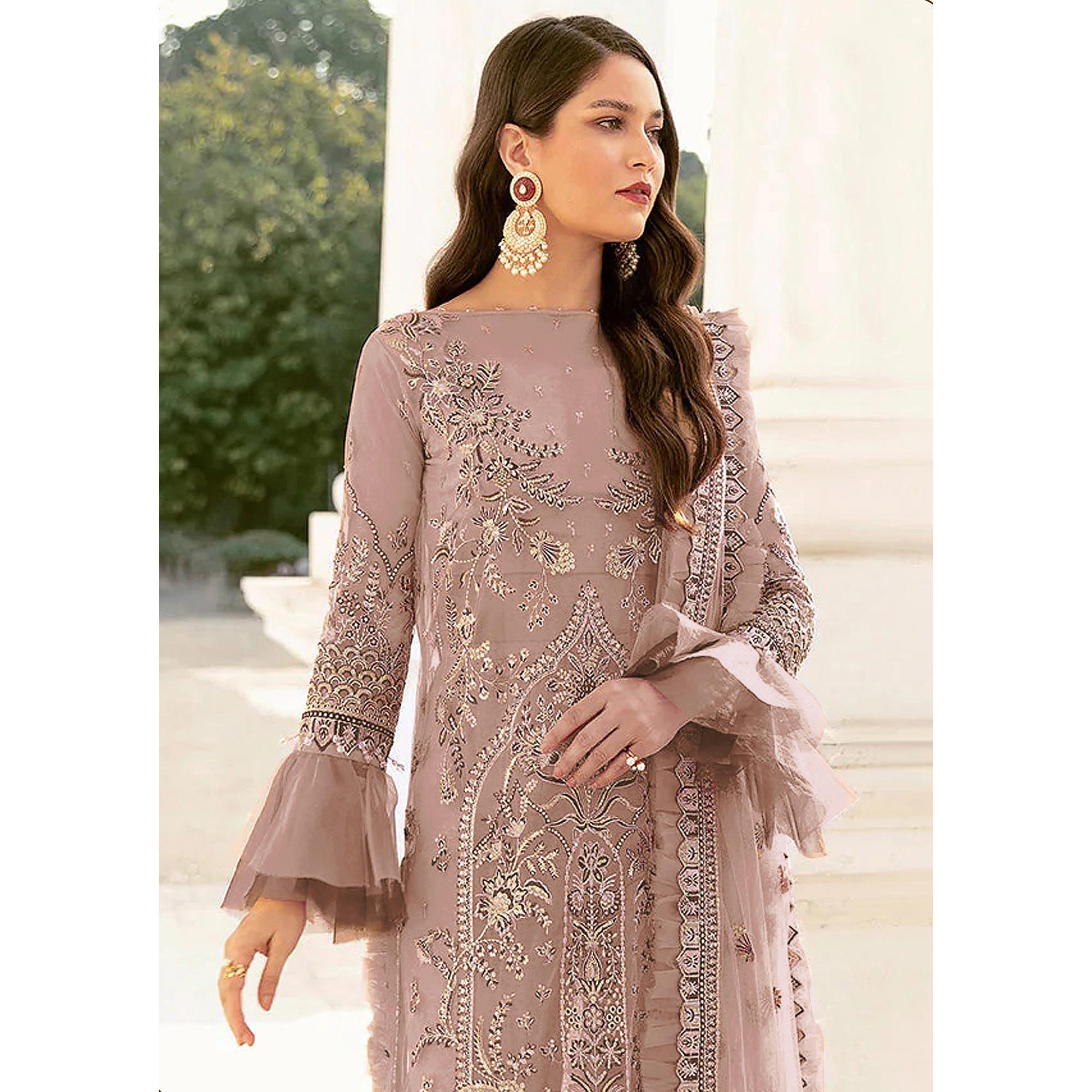 Brown Embroidered Netted Pakistani Suit - Peachmode